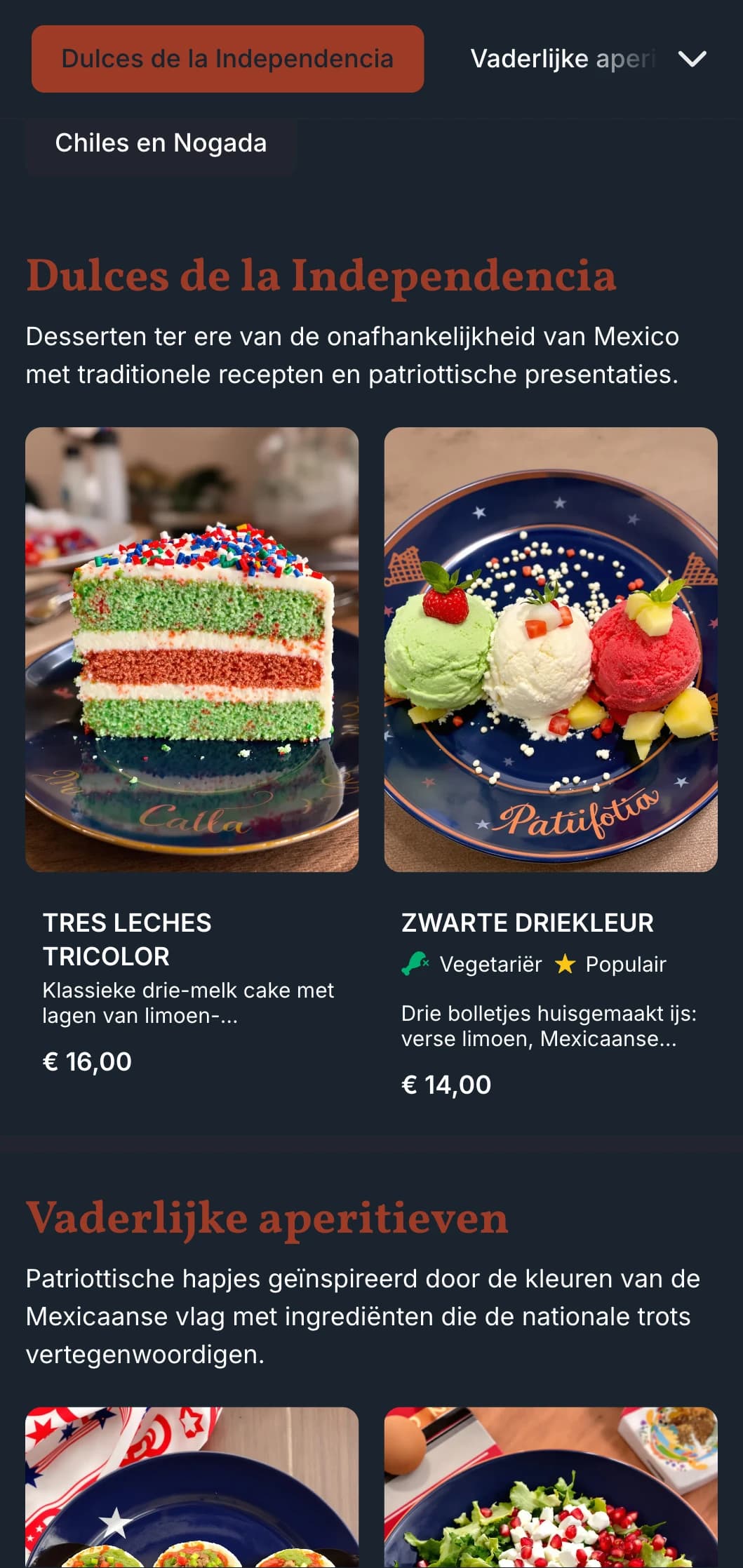 Patriottisch en feestelijk menu ter ere van de onafhankelijkheid van Mexico met terracotta, groene en witte elementen en seizoensgebonden specialiteiten.