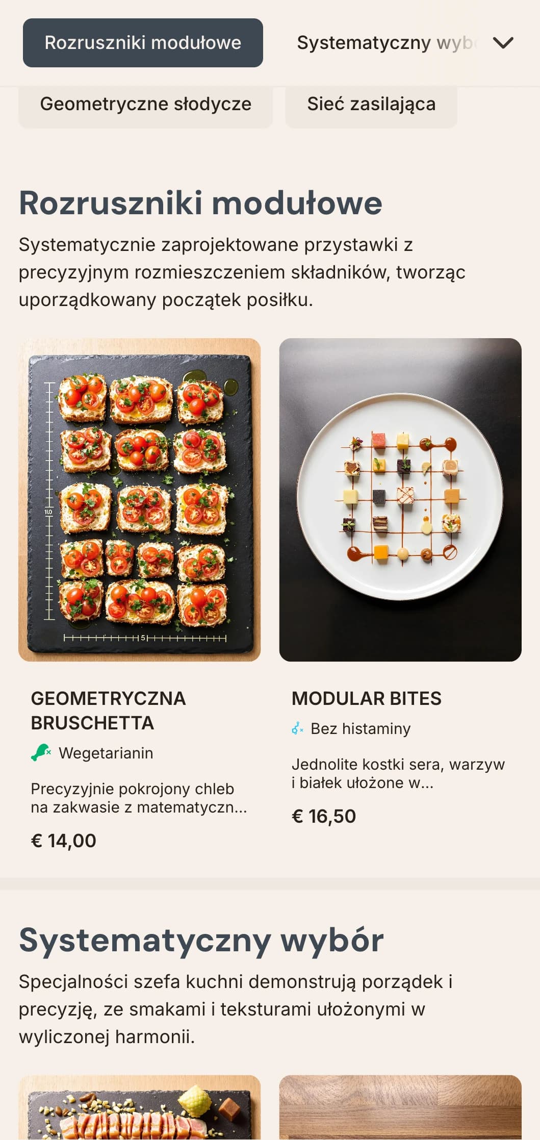 Ustrukturyzowany, oparty na siatce projekt menu lunchowego z matematyczną precyzją i czystą organizacją, idealny dla restauracji zorientowanych na design i współczesnych lokali gastronomicznych.