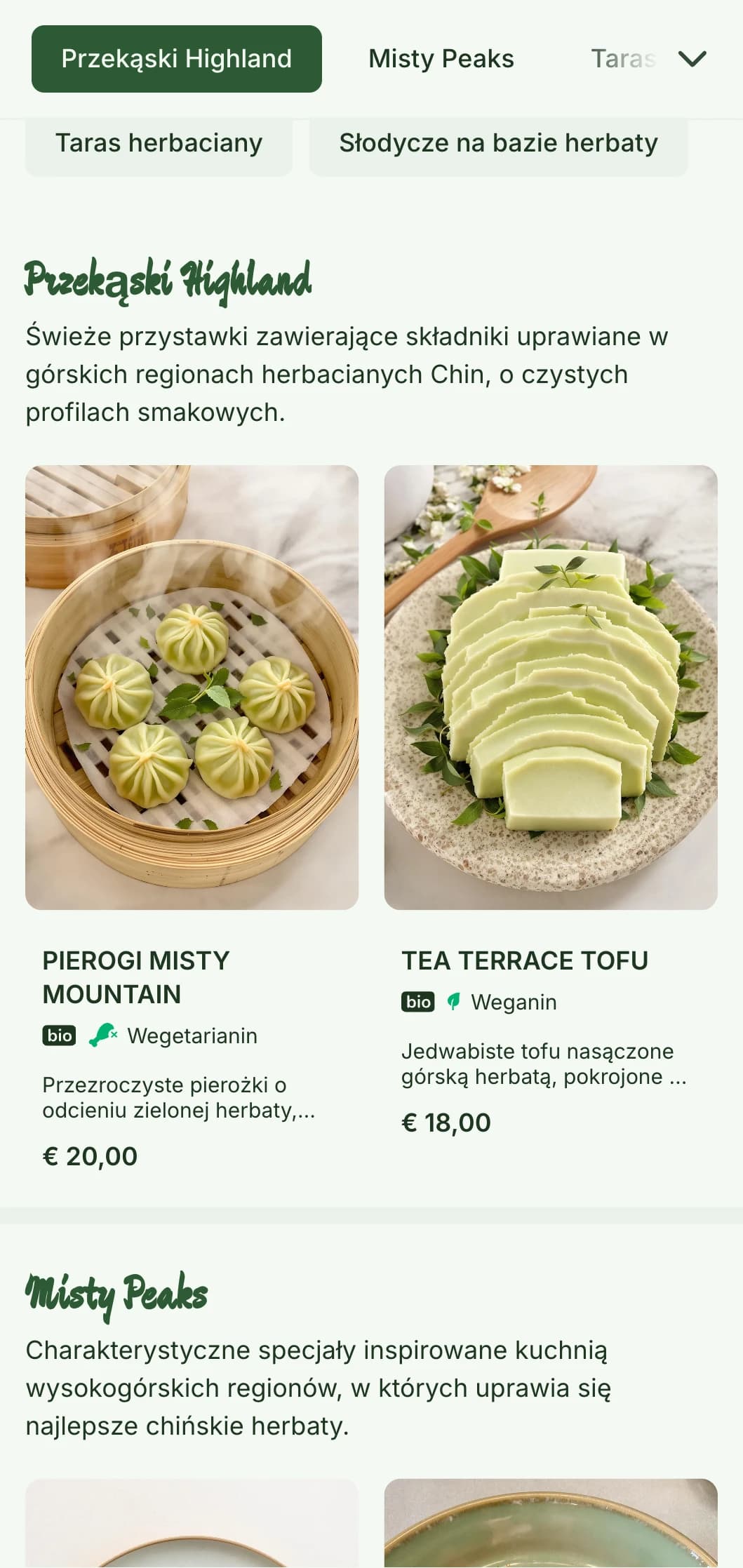 Spokojne chińskie menu inspirowane górskimi plantacjami herbaty, ze świeżymi elementami kuchni herbacianej.