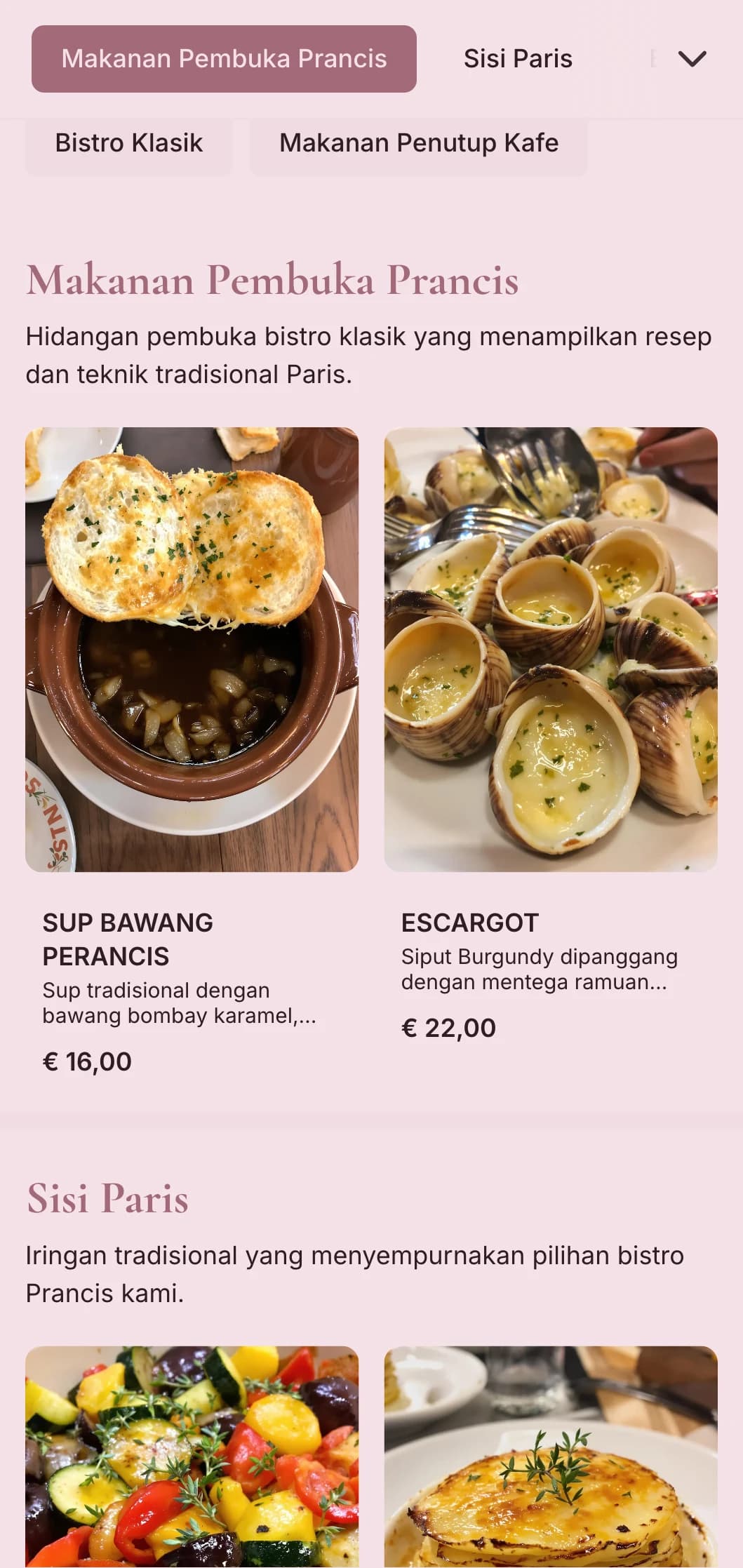 Katering klasik yang terinspirasi dari Prancis yang menampilkan hidangan favorit bistro, teknik yang halus, dan presentasi yang elegan namun mudah didekati untuk acara-acara berkelas.