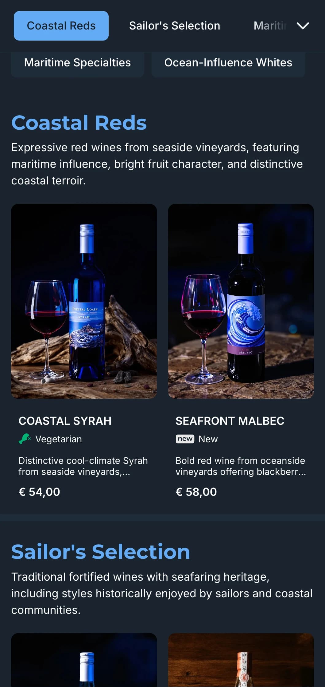 Mediterranean-inspired dark wine list template with vibrant blue accents, perfect for evening coastal restaurants and seaside wine experiences.