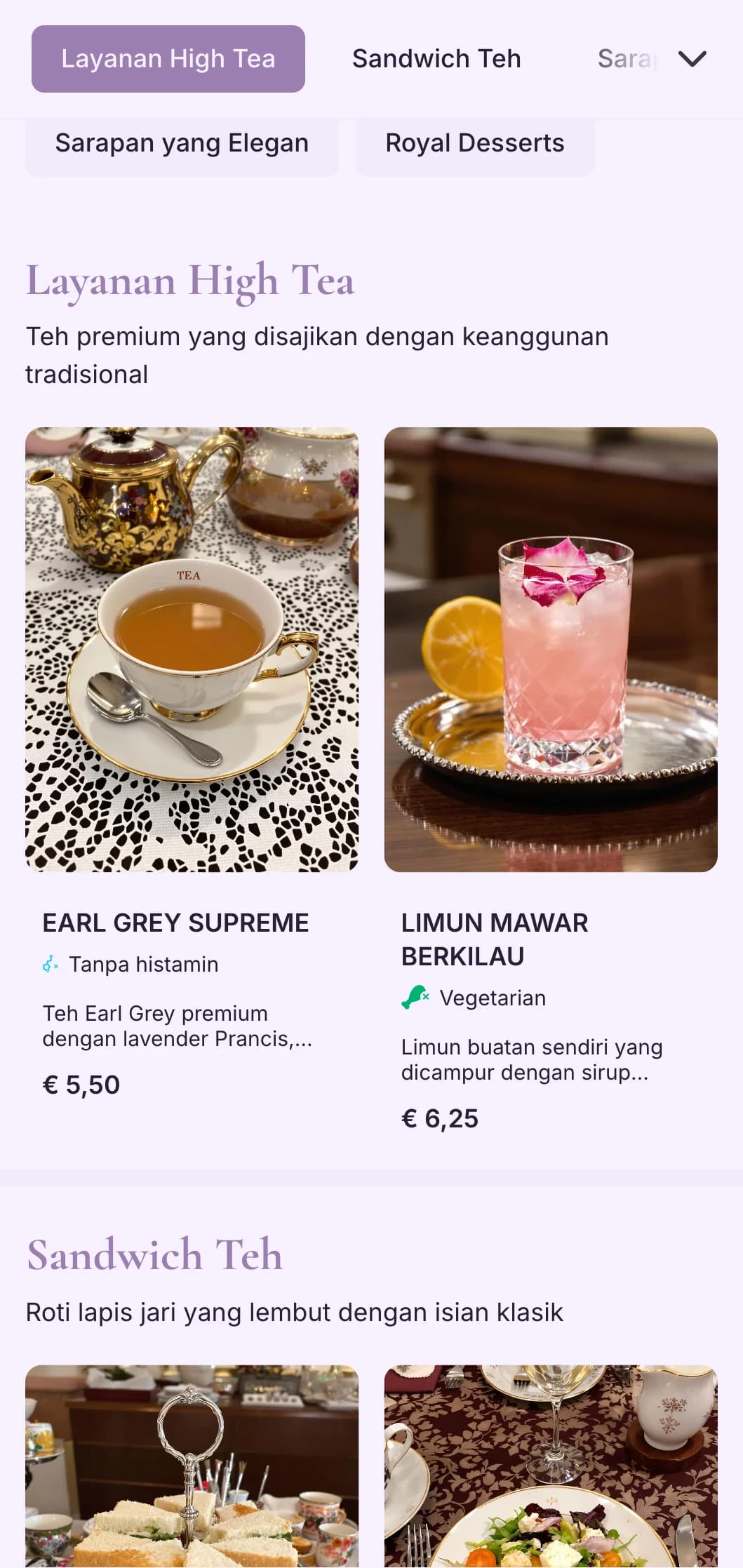 Desain ungu yang canggih untuk layanan teh kelas atas dan kafe kue yang elegan.