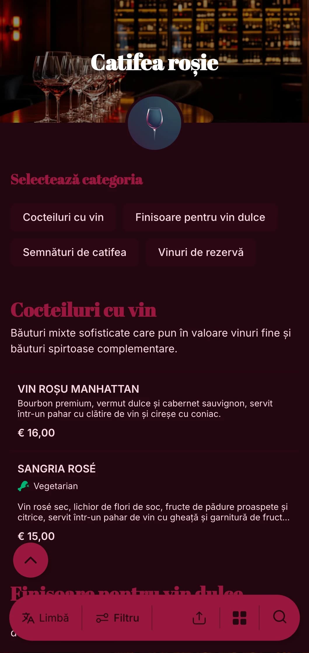 Un design luxos și dramatic pentru baruri de vinuri și saloane de lux, cu tonuri bogate de roșu și tipografie îndrăzneață.