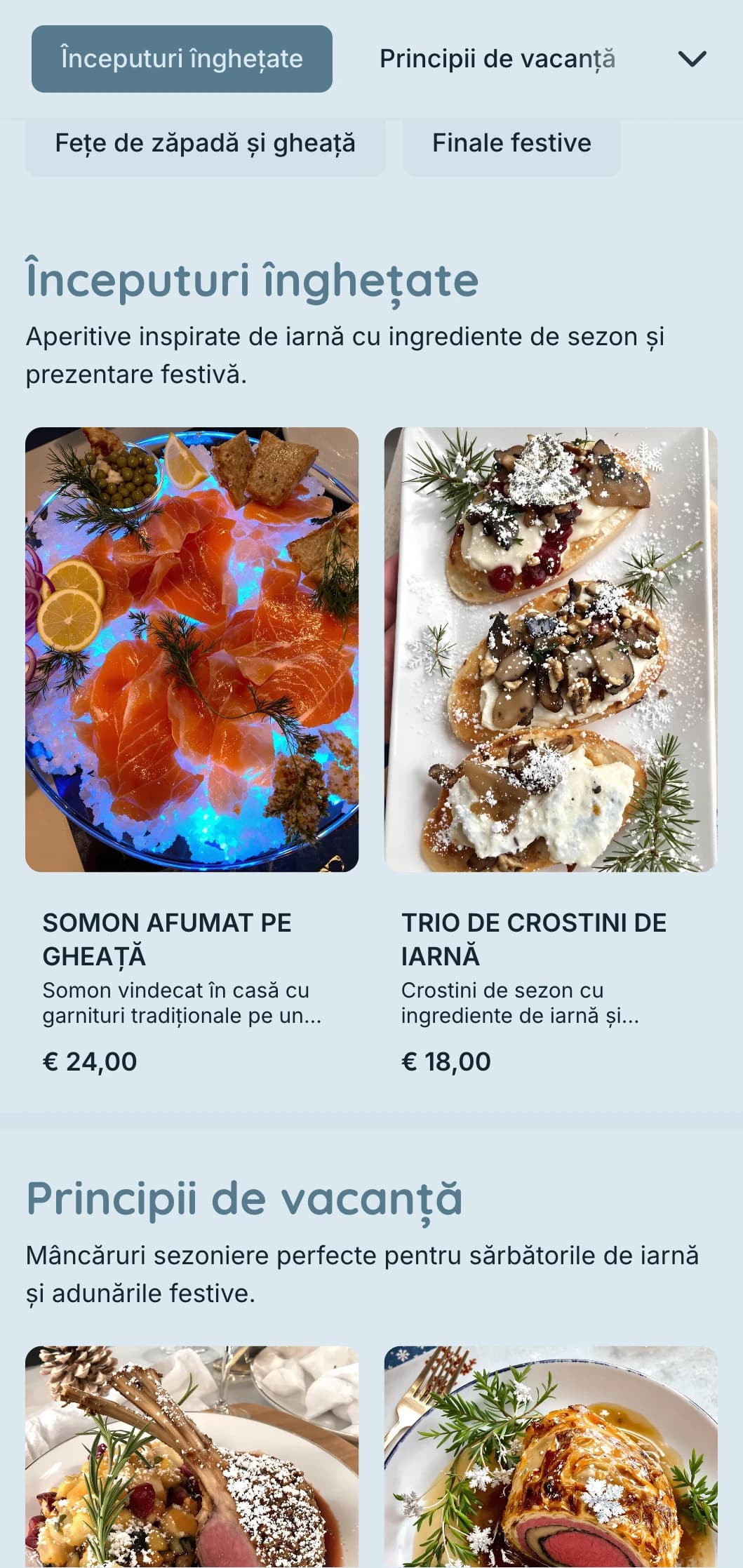 Catering magic pe tema iernii cu ingrediente de sezon, prezentare spectaculoasă și elemente confortabile pentru petreceri de sărbători și evenimente de iarnă.