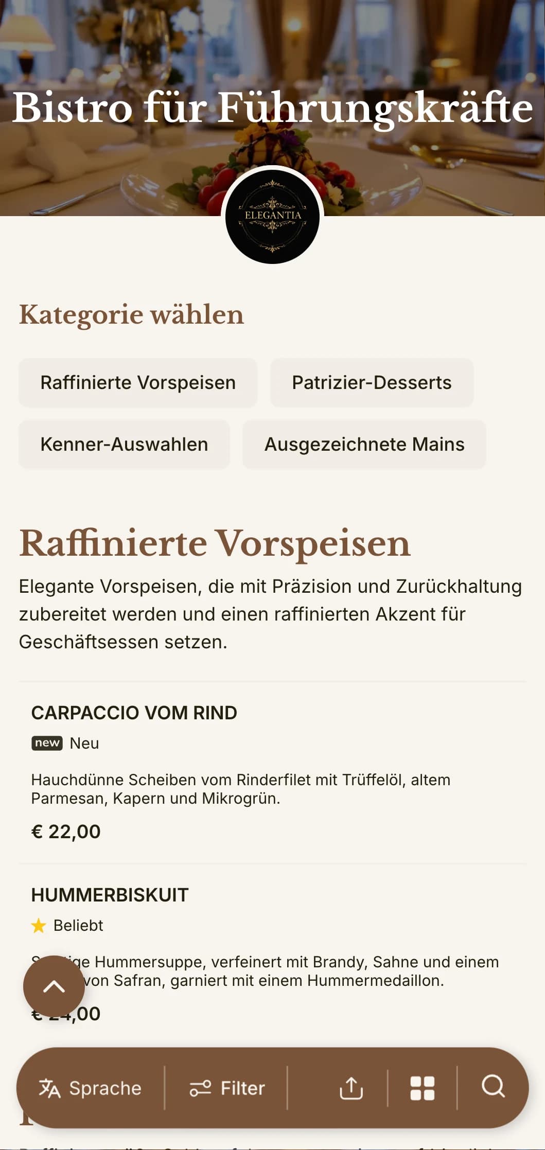Anspruchsvolles Design für Mittagsmenüs mit raffinierter Typografie und eleganten Abständen, maßgeschneidert für gehobene Hotelrestaurants und Speisesäle für Geschäftsleute.