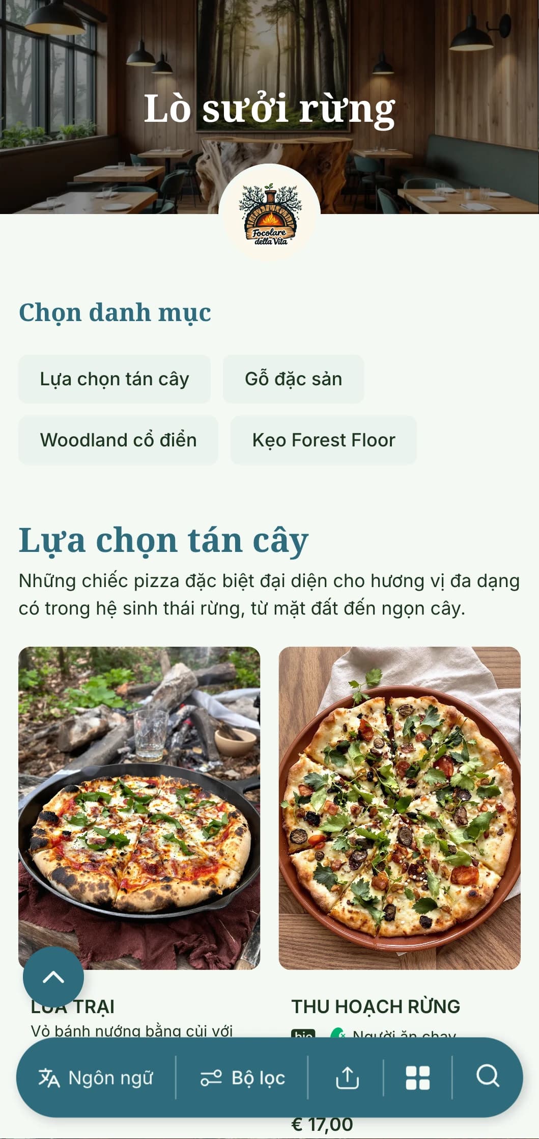 Thực đơn pizza lấy cảm hứng từ rừng với các yếu tố rừng và bảng màu đất.