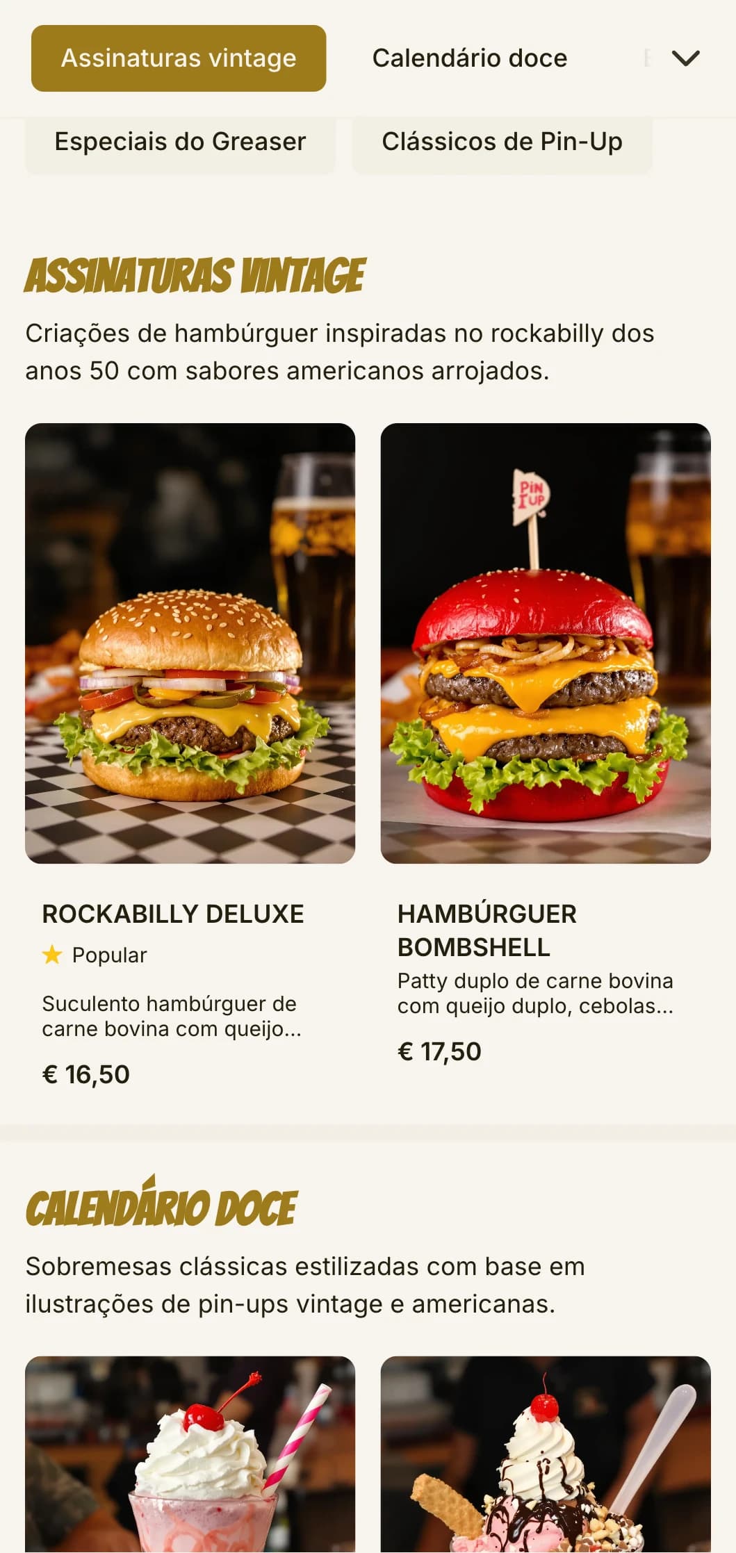 Hamburgueria com inspiração rockabilly, com arte vintage de pin-ups e nostalgia dos anos 1950.
