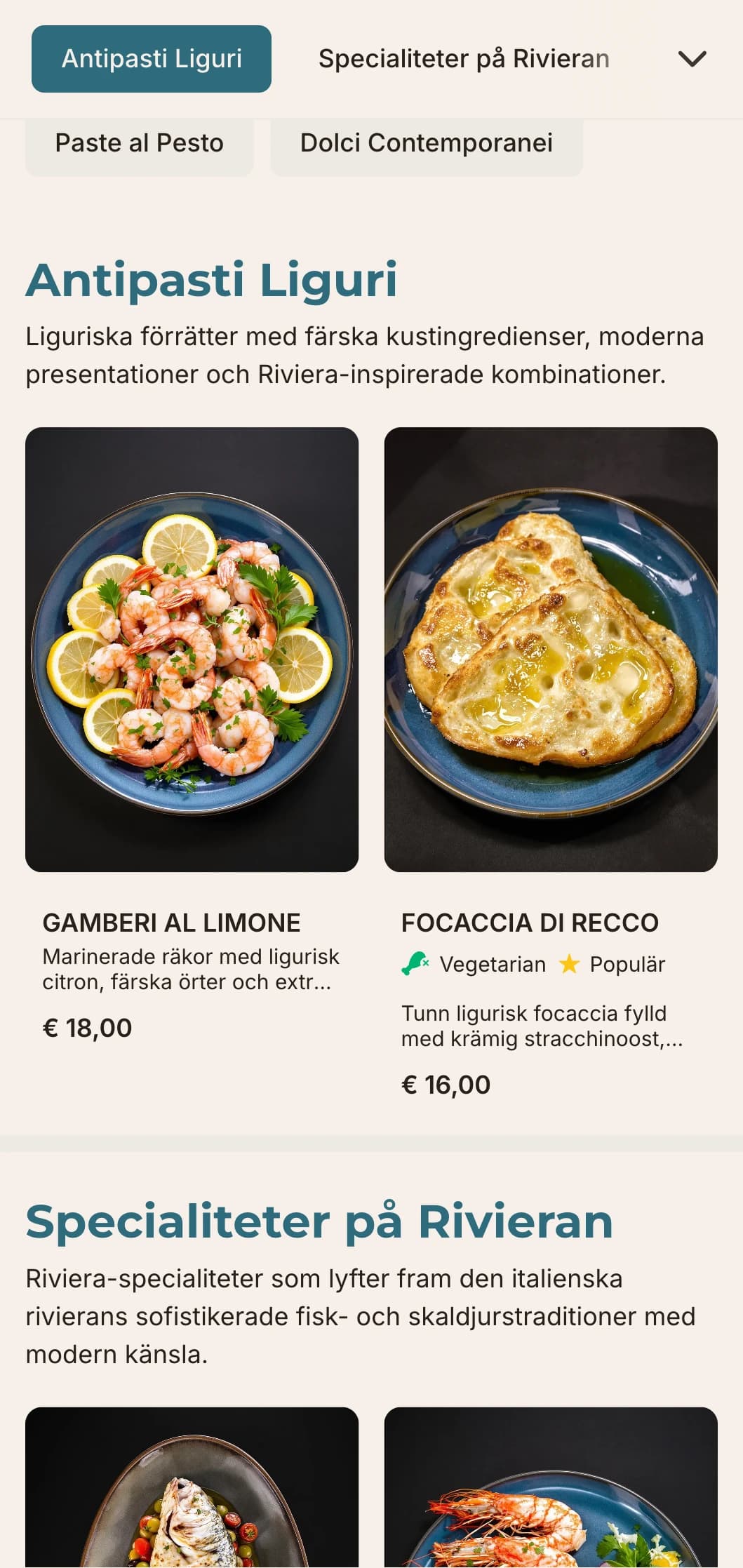 Modern kustdesign inspirerad av den eleganta italienska rivieran och dess raffinerade fisk- och skaldjurskök.