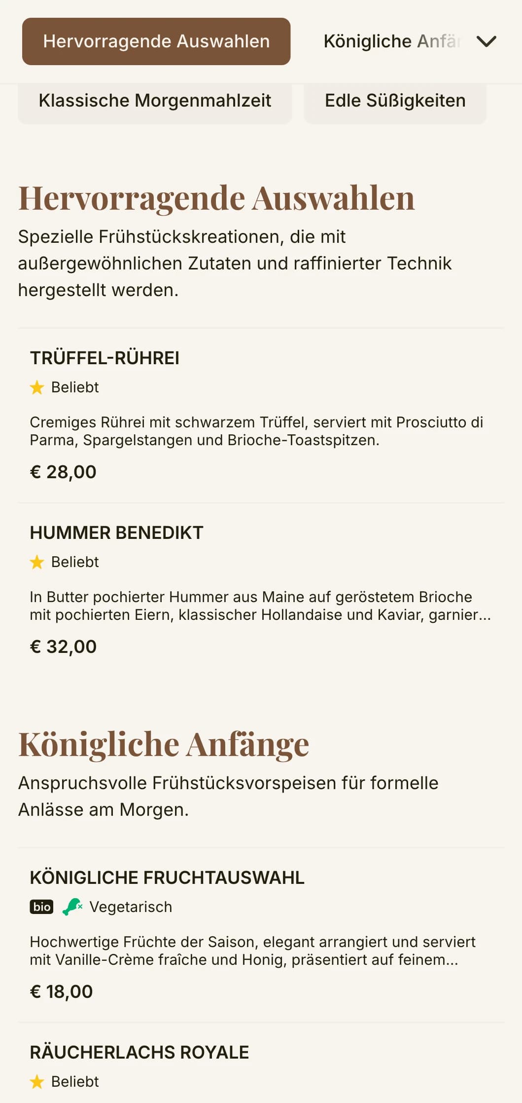 Ein raffiniertes Frühstückserlebnis mit erstklassigen Zutaten und einer eleganten, königlichen Präsentation.