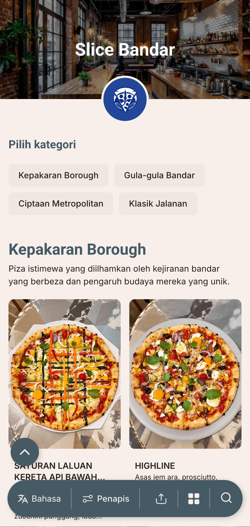 Menu piza kontemporari bandar dengan elemen reka bentuk perindustrian, sesuai untuk piza pusat bandar.