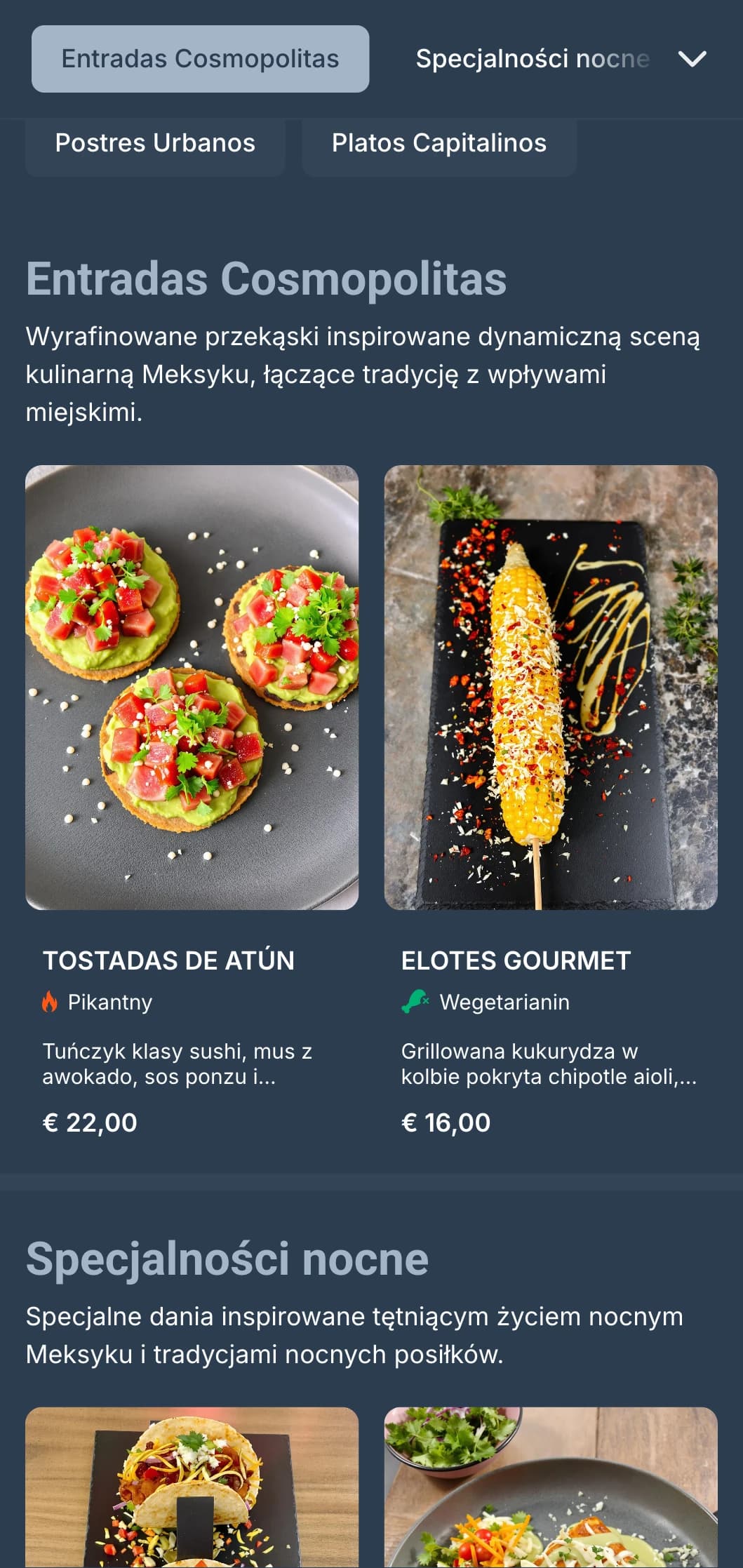 Kosmopolityczne meksykańskie menu inspirowane tętniącym życiem nocnym Meksyku z eleganckimi szaro-niebieskimi odcieniami, miejskimi obrazami i współczesną kuchnią.