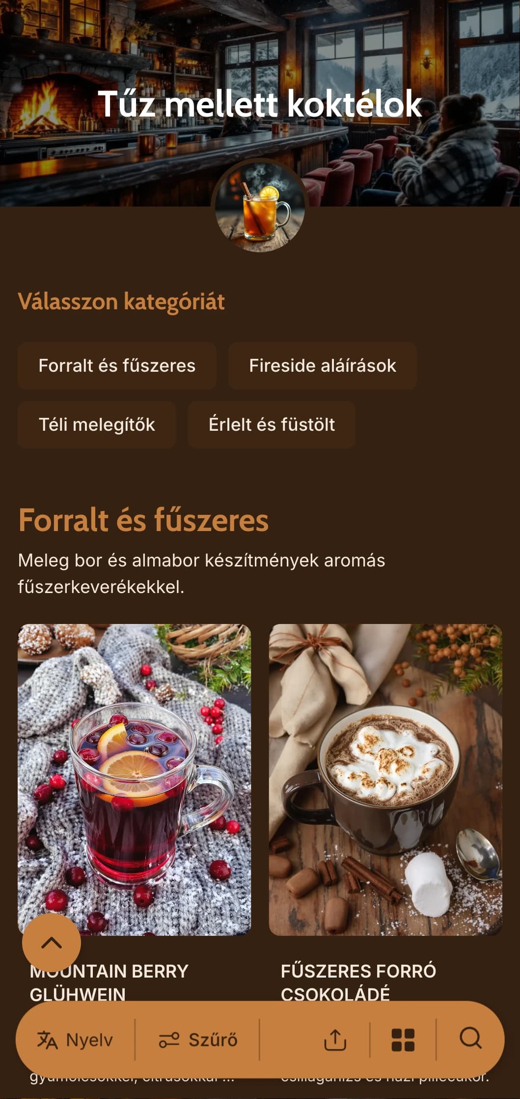 Meleg borostyán és réz árnyalatok, amelyeket a tűz fénye ihletett a hangulatos téli bárokhoz.