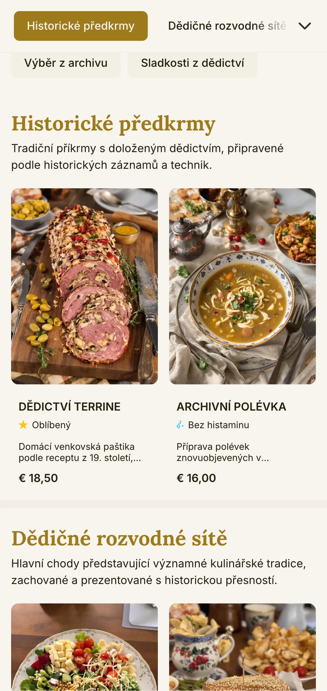 Historický design poledního menu s tradičními prvky a nadčasovou typografií, který se hodí pro památkové restaurace a podniky s dlouhou historií.