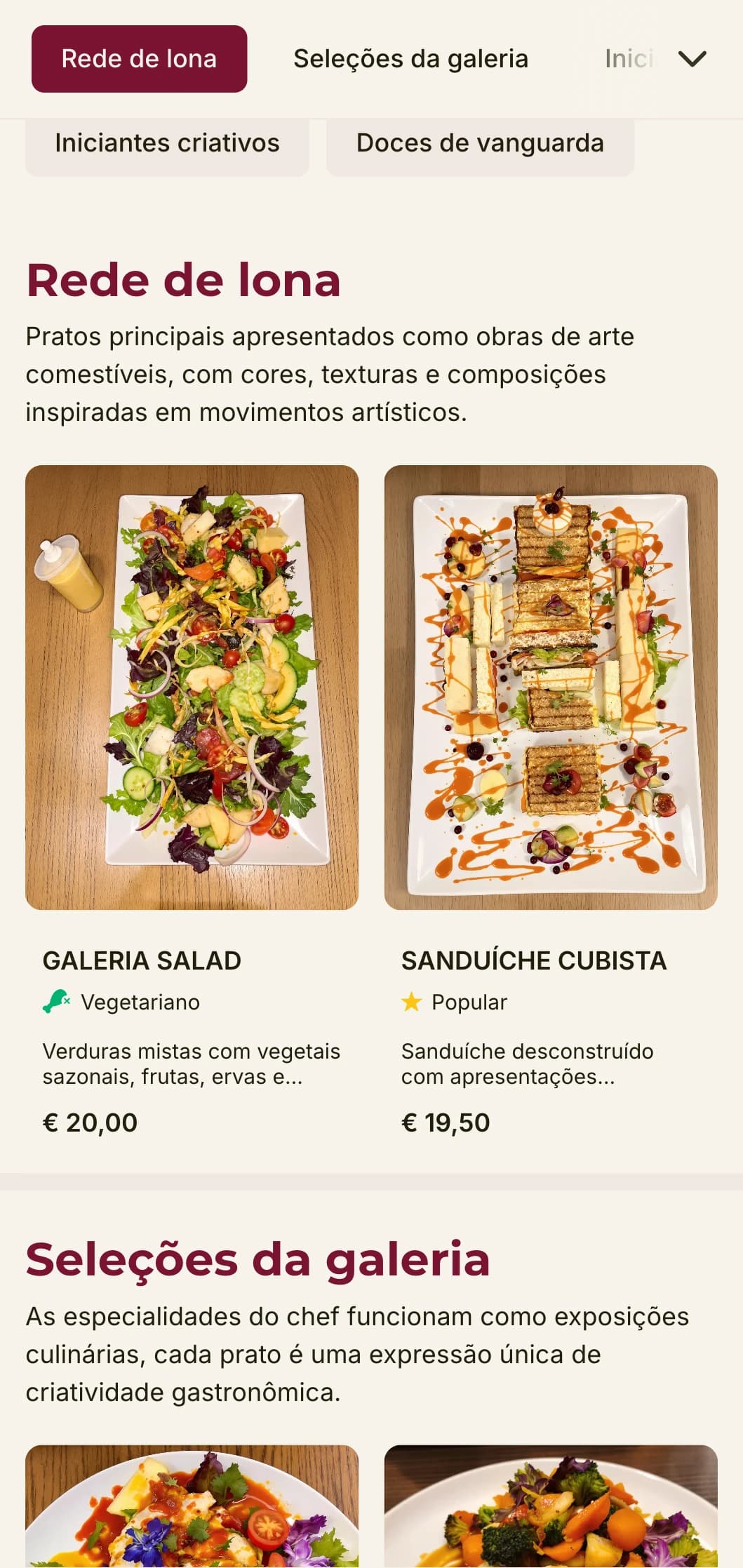 Design de cardápio de almoço criativo e inspirado em arte, com detalhes em cores fortes e layout expressivo, ideal para restaurantes próximos a galerias e distritos artísticos.