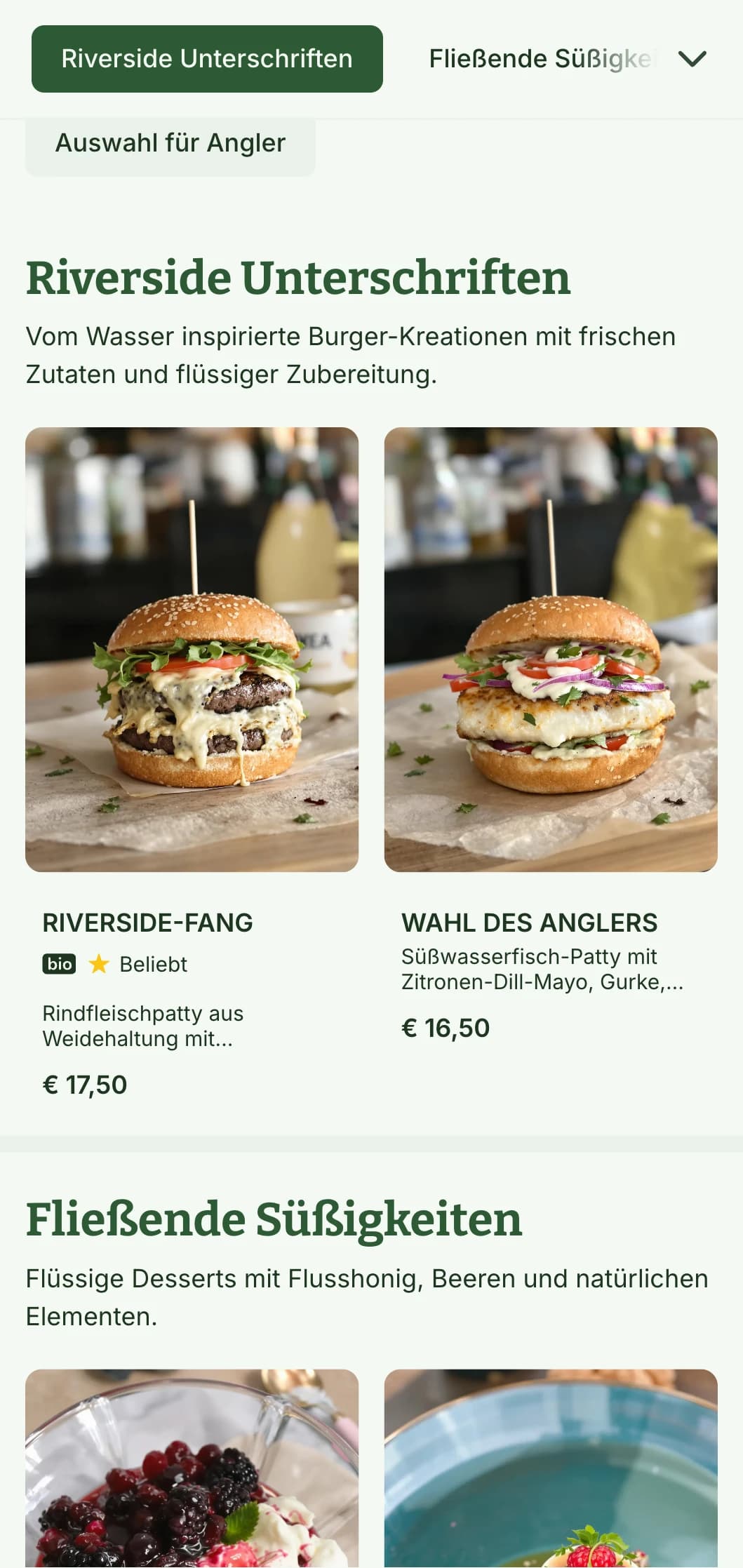 Riverside-Burger-Erlebnis mit Wasserelementen und natürlicher blau-grüner Farbpalette.