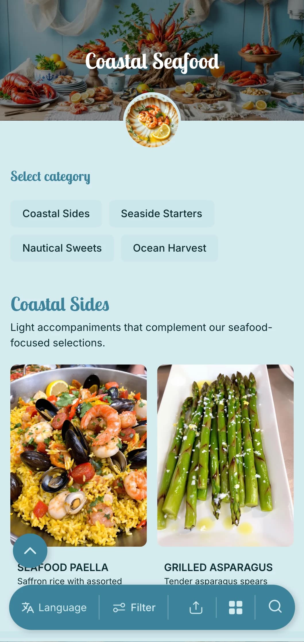 Fresh seafood-focused catering featuring ocean catches, nautical elements, and coastal presentation for beach events and seafood lovers.