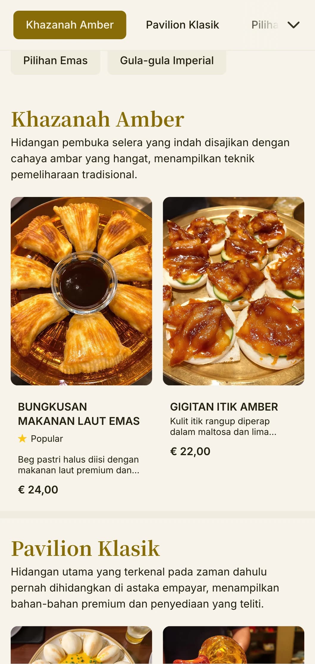 Reka bentuk menu Cina yang elegan dengan aksen ambar dan elemen berinspirasikan astaka untuk santapan kelas atas dan masakan empayar.