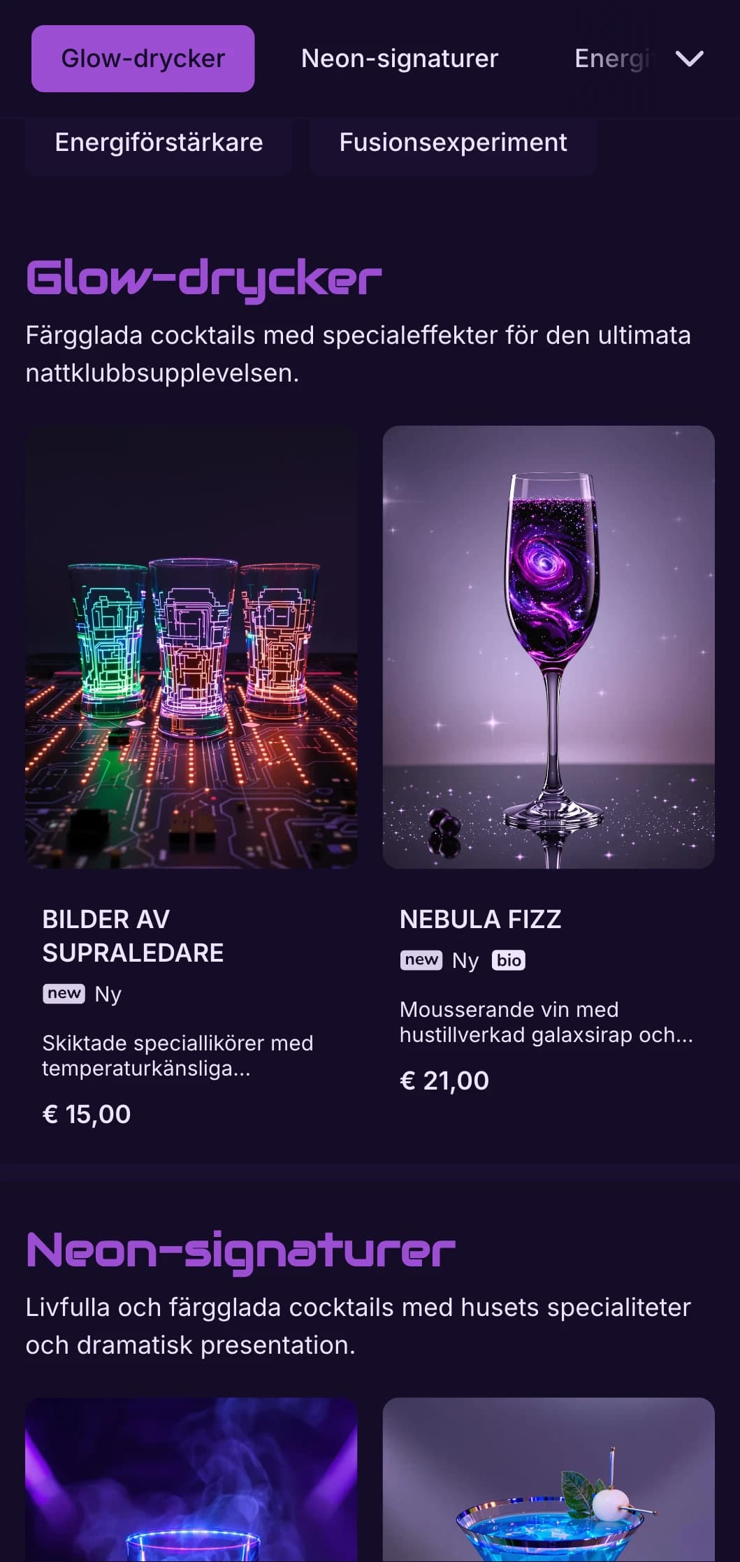 Lila och svart design med hög kontrast och neonelement för moderna cocktailbarer.