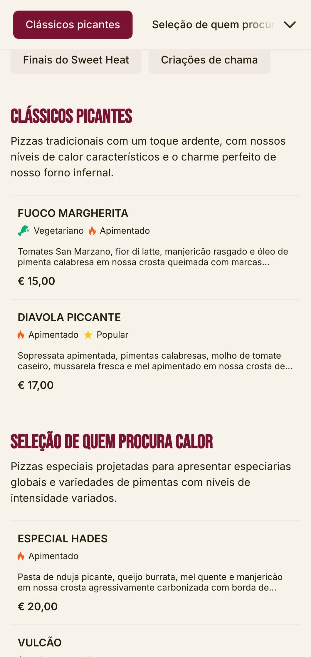Cardápio de pizza de alta energia com tipografia arrojada e cores vibrantes para especialistas em pizza apimentada.