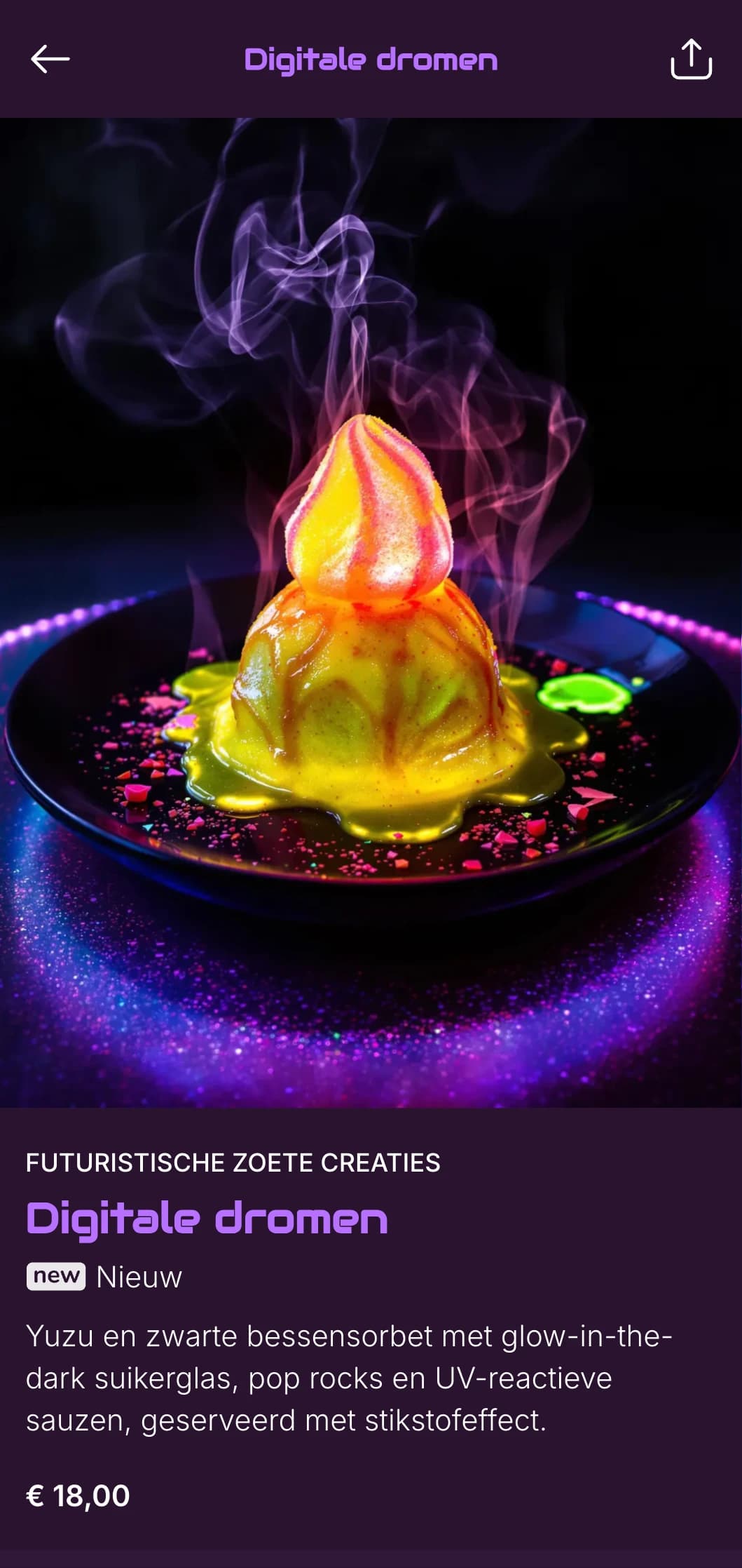 Ultramodern sushifusionmenu met levendige paarse neonaccenten tegen een diepe achtergrond voor trendy uitgaansgelegenheden.