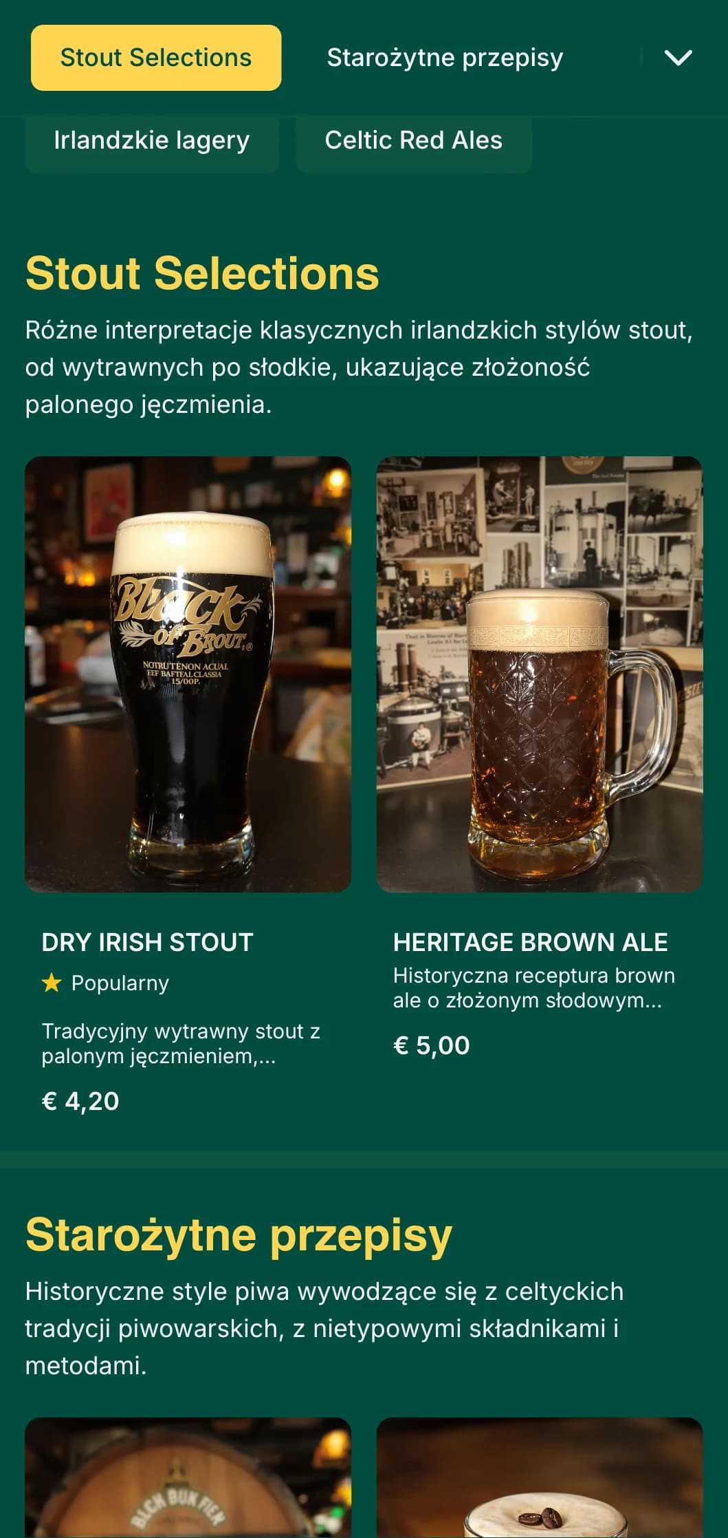 Szablon inspirowany tradycyjnym irlandzkim pubem ze szmaragdowymi odcieniami i celtyckimi akcentami, idealny do lokali o tematyce irlandzkiej.