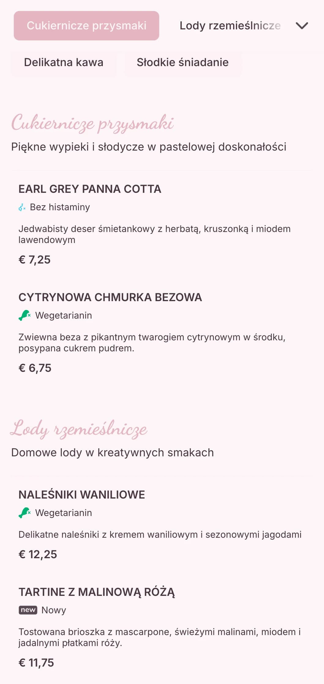 Słodki pastelowy projekt z zabawnymi elementami dla kawiarni deserowych i lodziarni.