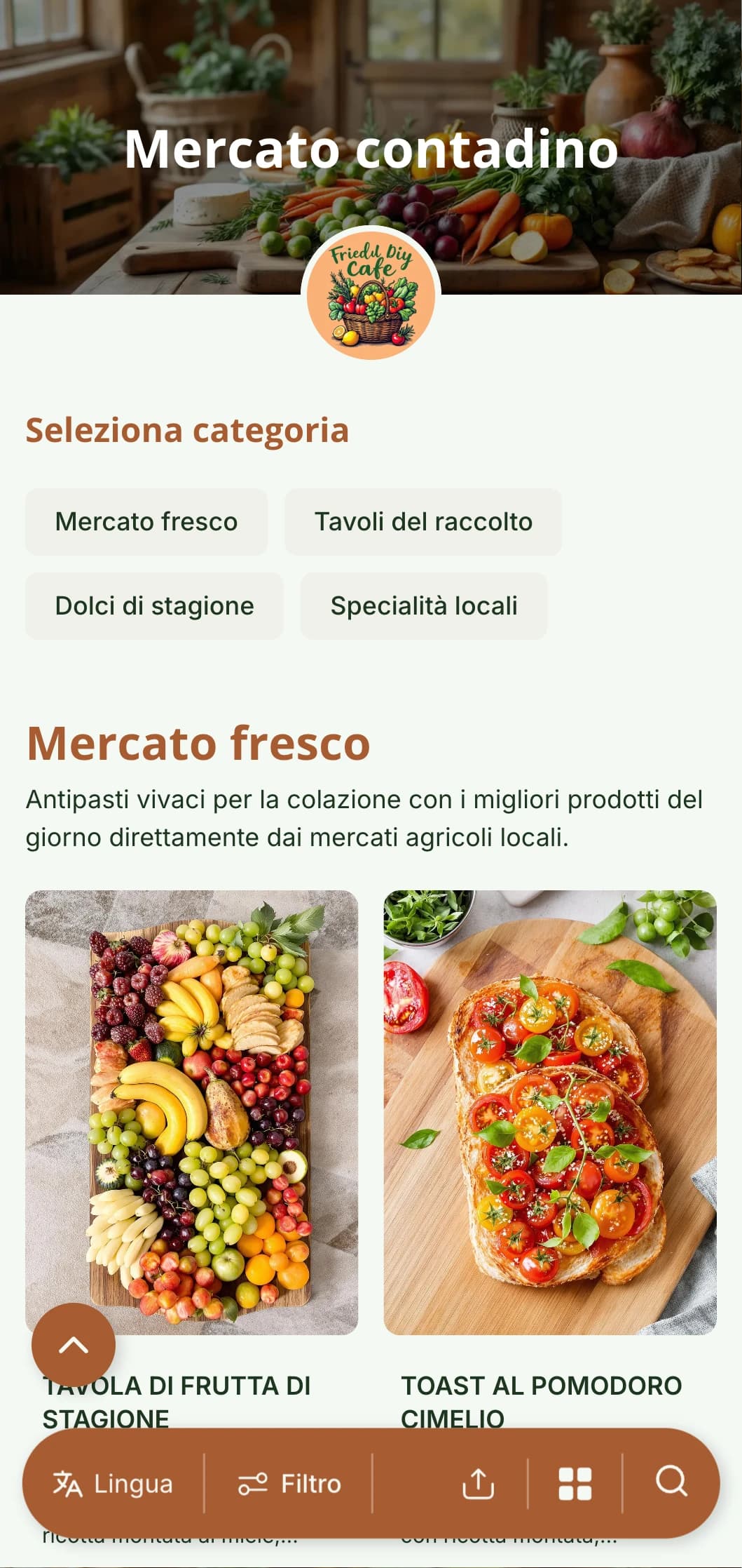 Modello di brunch fresco e stagionale con elementi rustici, perfetto per i caffè farm-to-table con prodotti locali.