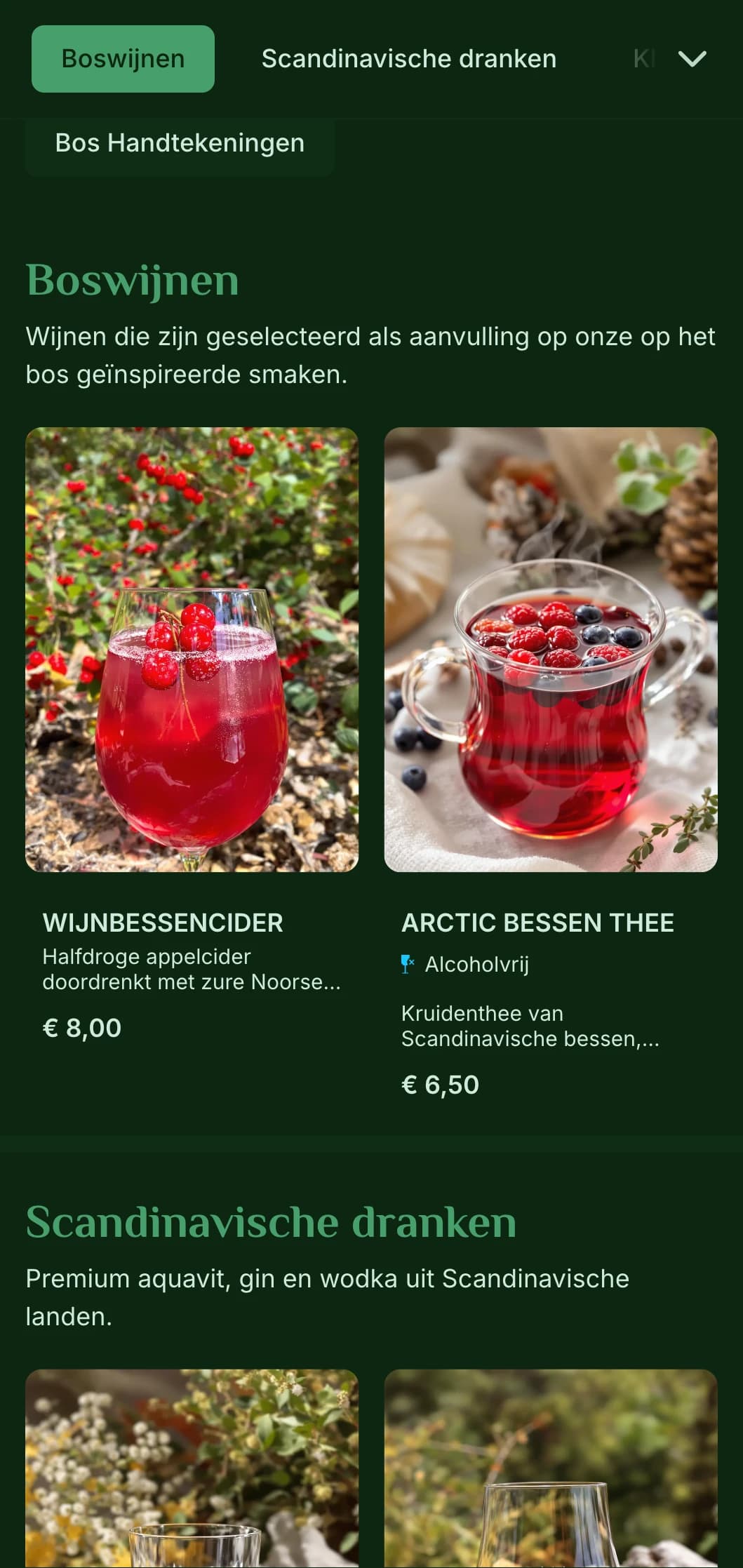 Diepgroen ontwerp geïnspireerd op Scandinavische bossen voor bars met een natuurthema.