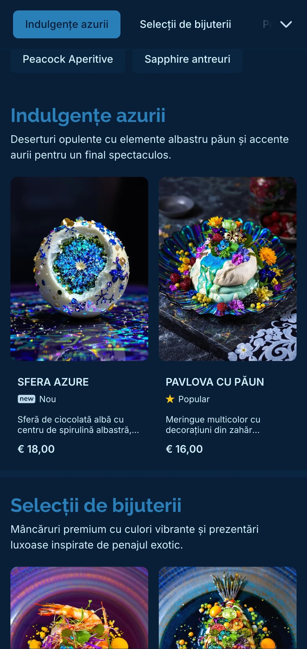 Concept vibrant, dar sofisticat, cu tonuri de albastru păun și accente aurii subtile pentru o experiență culinară luxoasă.