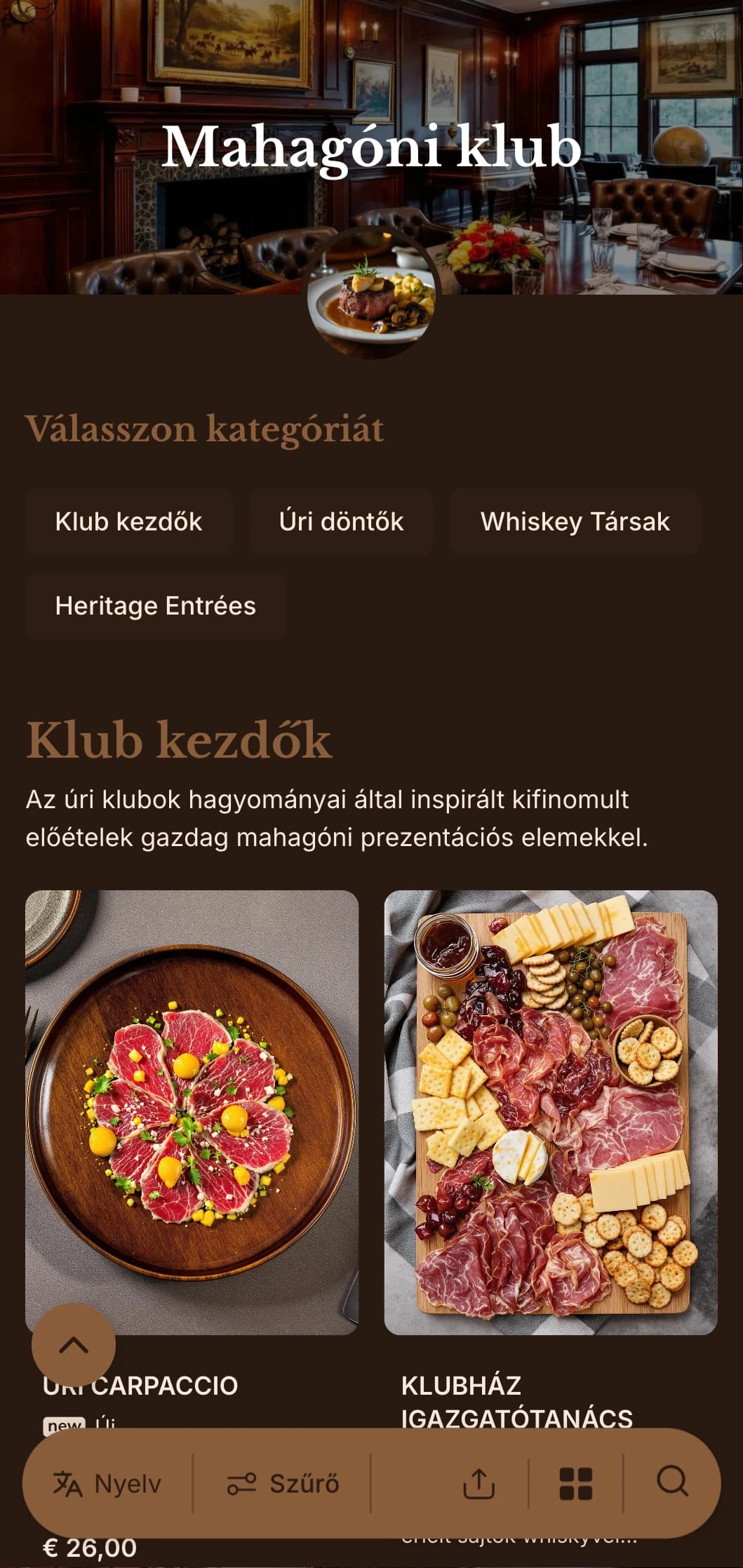 Kifinomult, úri klub ihlette koncepció gazdag fatónusokkal és hagyományos luxuselemekkel.