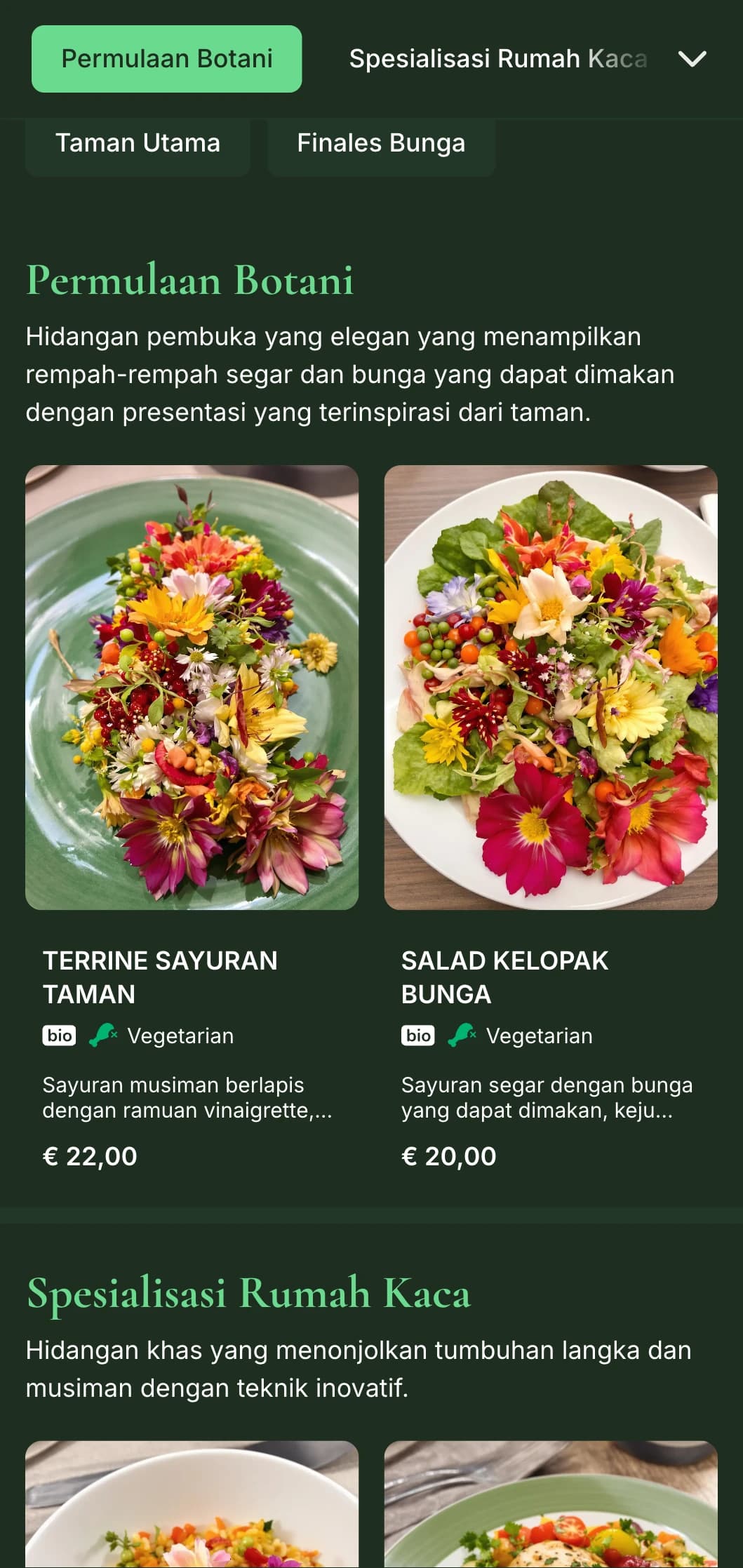 Menu makan malam yang elegan yang menampilkan elemen botani yang rimbun dan warna hijau tua, dirancang untuk bersantap mewah yang terinspirasi dari taman.