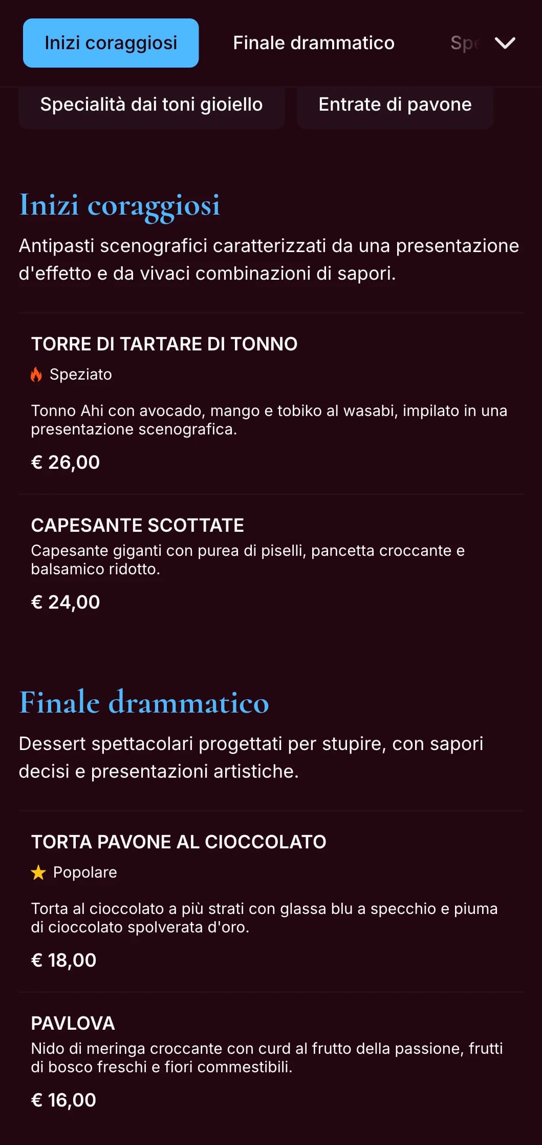 Un menu di grande impatto, di colore blu pavone, con ricche tonalità gioiello e uno stile drammatico, pensato per i ristoranti dal carattere deciso.