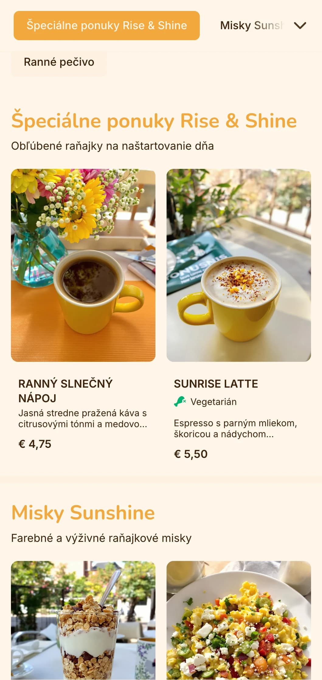 Veselý žlto-oranžový dizajn so slnečnými prvkami pre raňajkové reštaurácie a miesta na brunch.
