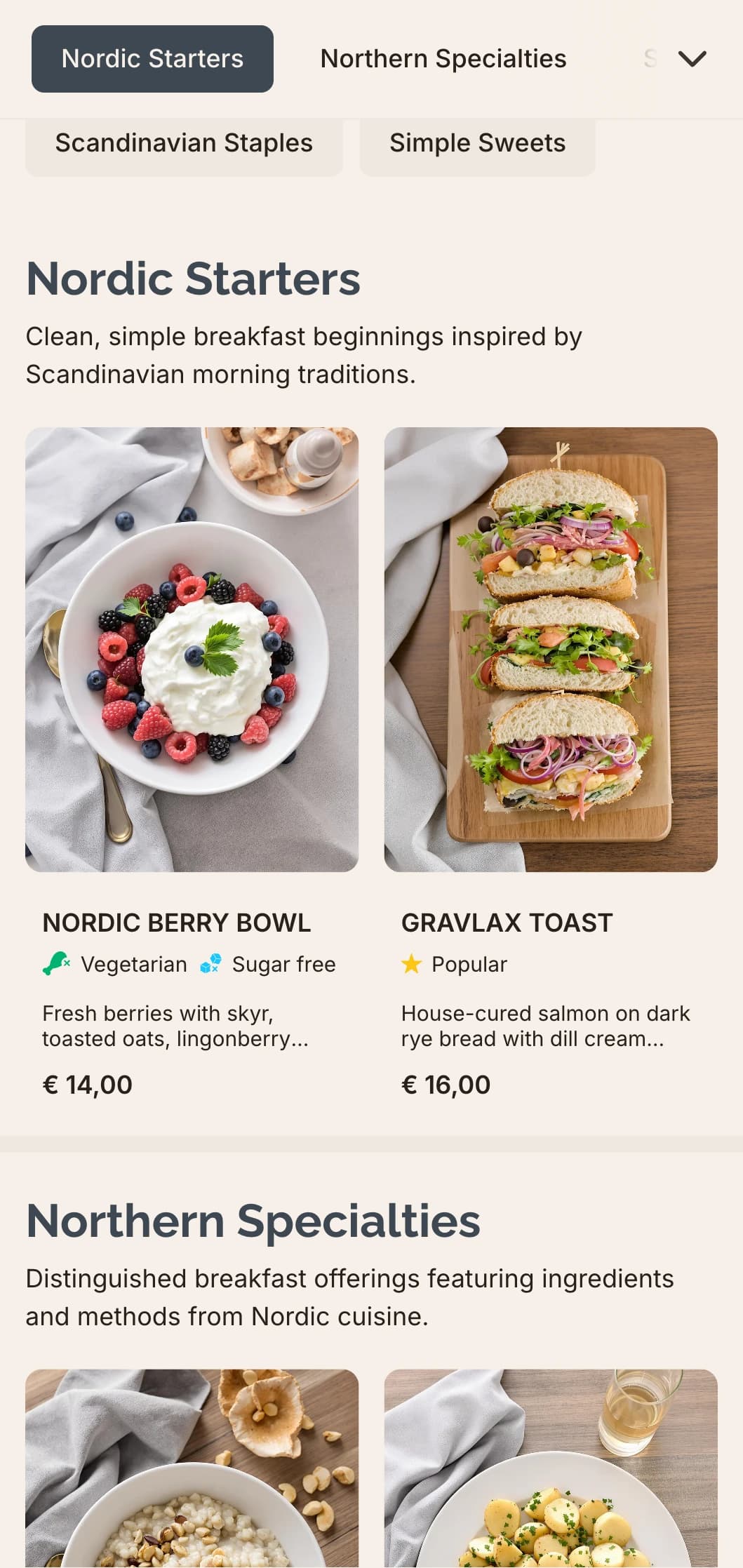 Scandinavian-inspired breakfast with clean flavors, simple ingredients, and understated presentation.