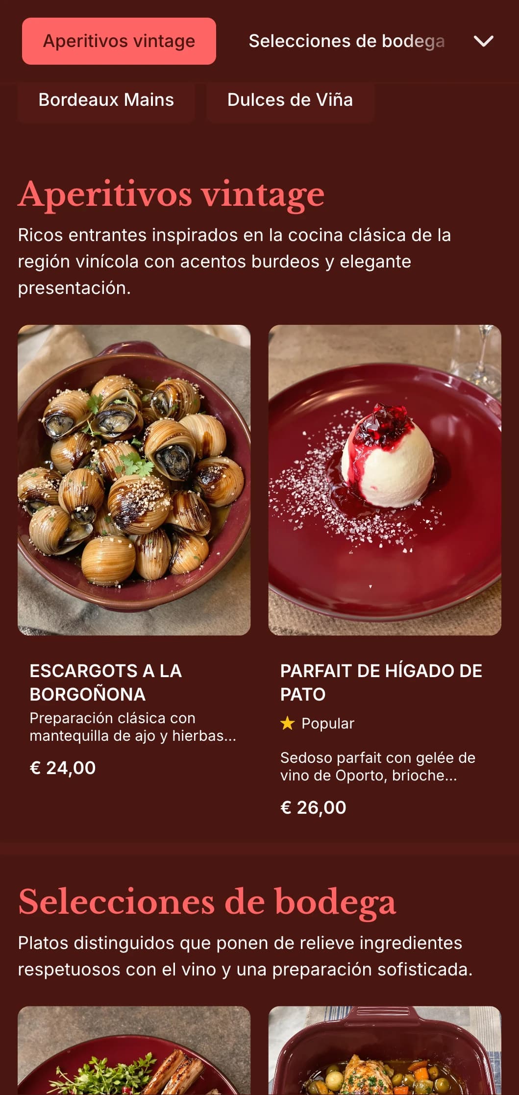 Un rico menú de cena inspirado en el vino, con profundos tonos burdeos y elementos vintage, diseñado para establecimientos con amplios programas de vino.