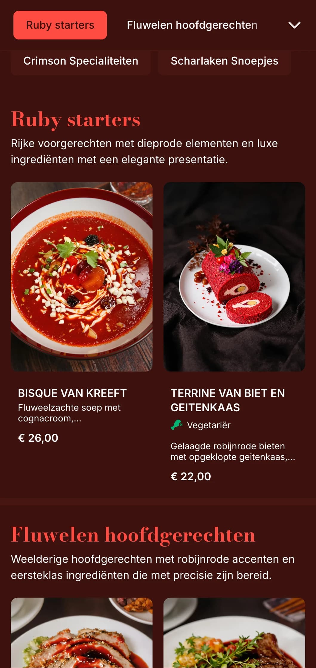Een rijk, robijnrood dinermenu met weelderige texturen en dramatische elementen, ontworpen voor romantische eetgelegenheden.
