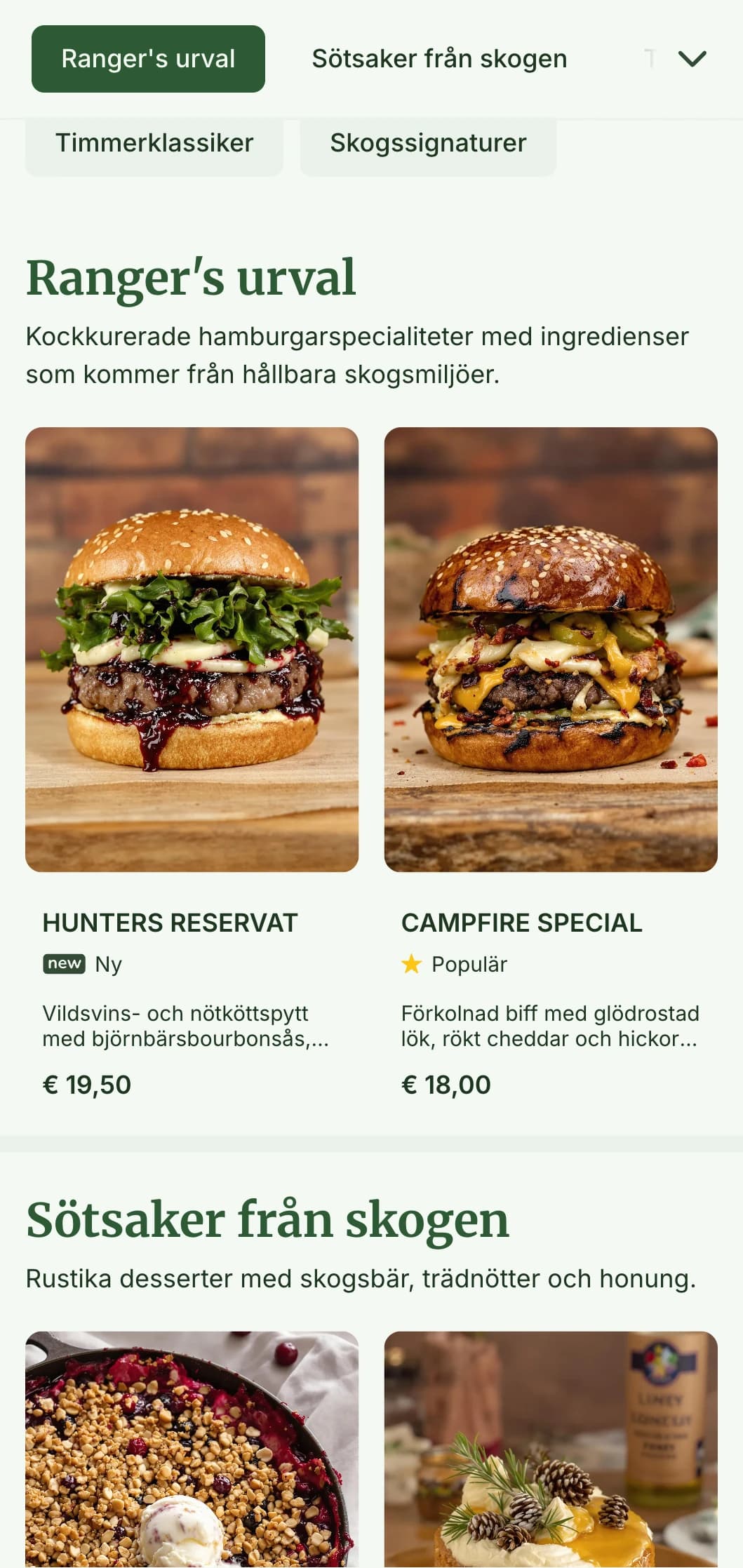 Skogsinspirerad hamburgerupplevelse med trästrukturer och jordnära färgpalett.