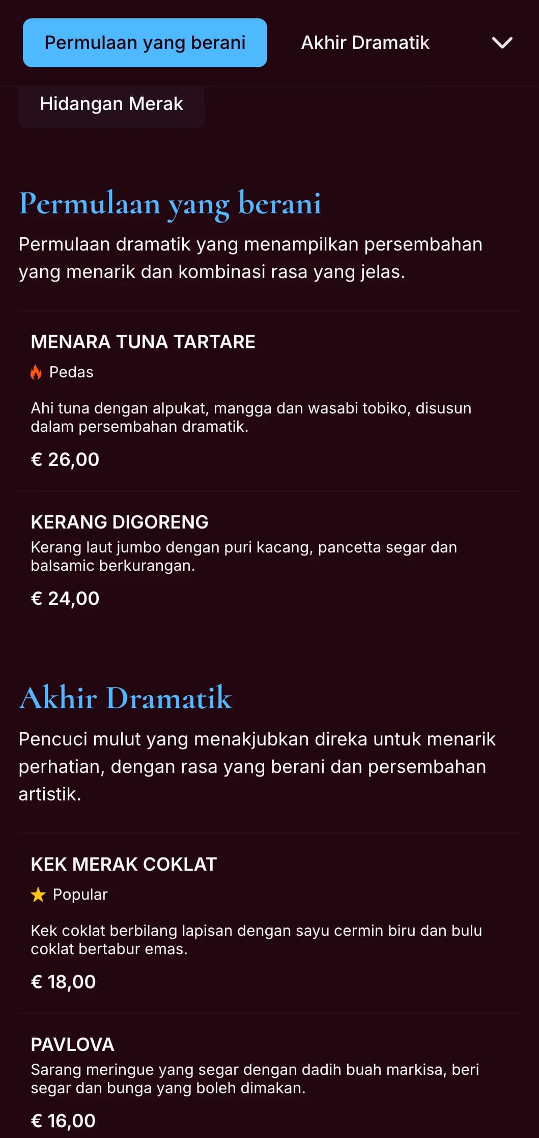Menu makan malam biru merak yang menarik dengan rona permata yang kaya dan gaya dramatik, direka untuk restoran dengan watak berani.