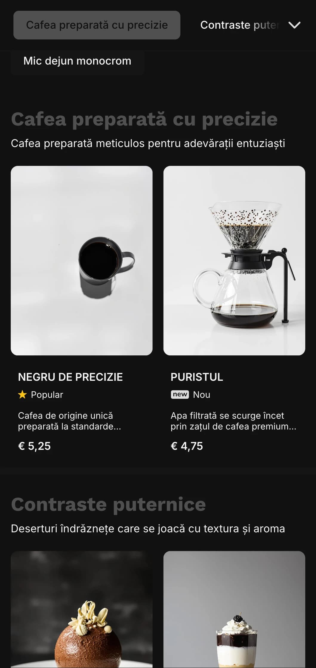 Design alb-negru îndrăzneț cu tipografie puternică pentru cafenele de specialitate.