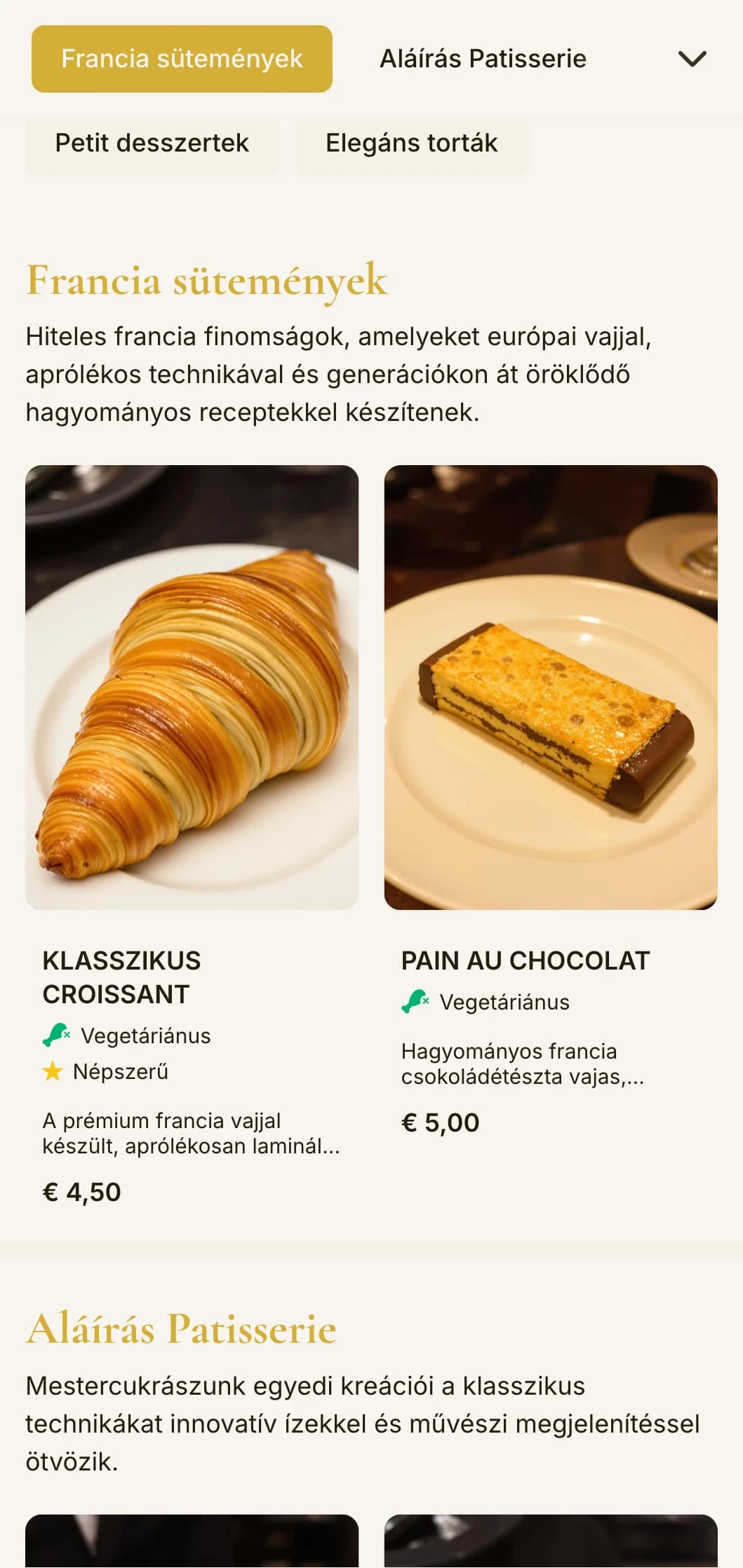 Elegáns, kifinomult pékségi menüterv arany ékezetekkel és kifinomult tipográfiával, tökéletes az előkelő cukrászdák és desszertboltok számára.