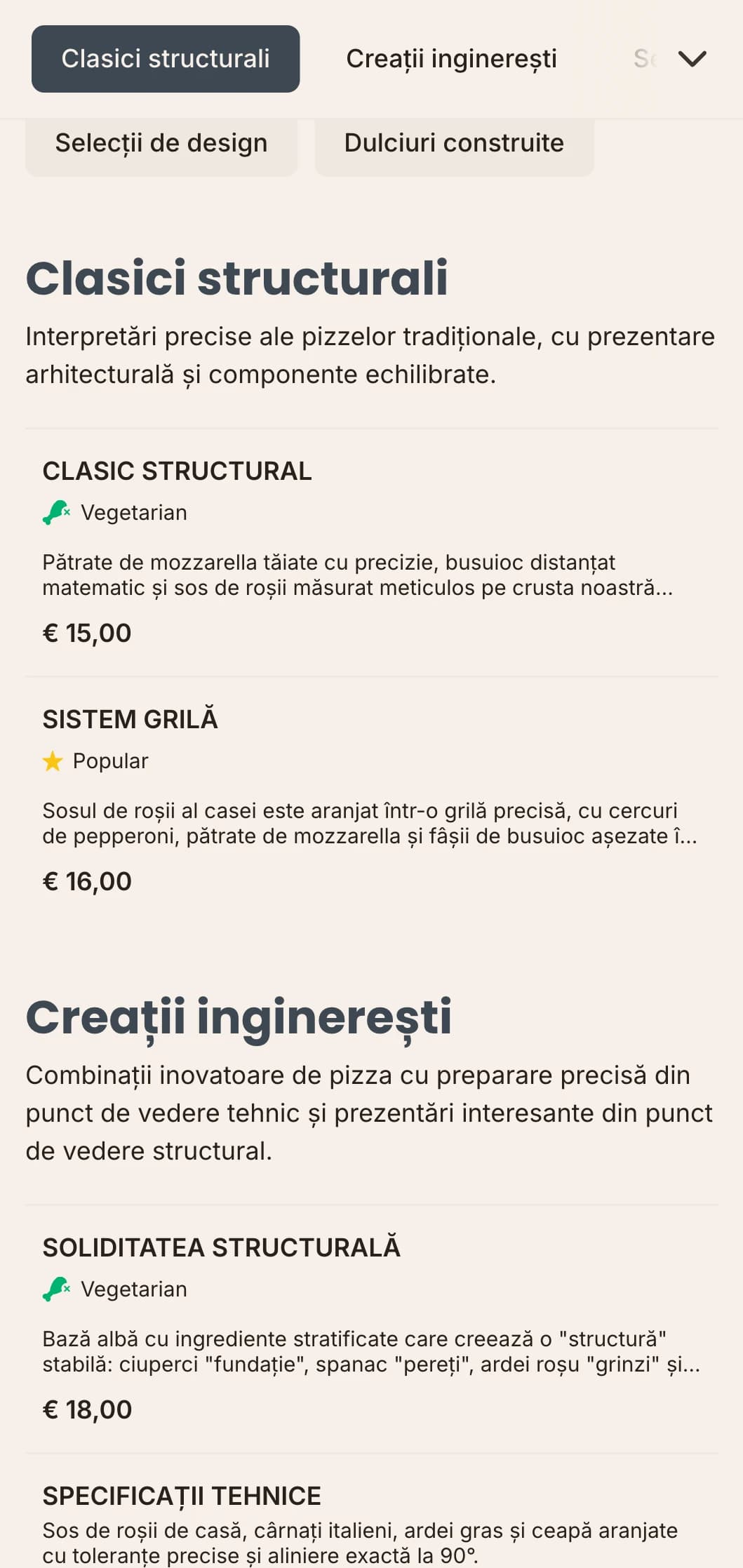 Meniu de pizza de inspirație arhitecturală cu aspect precis și estetică tehnică.
