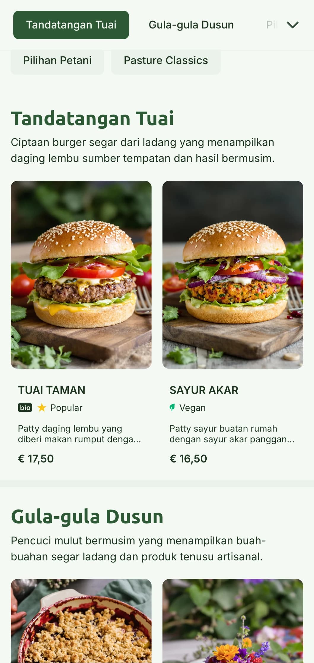 Konsep burger ladang ke meja yang sihat dengan kehijauan semula jadi dan elemen desa yang menonjolkan kualiti ramuan.