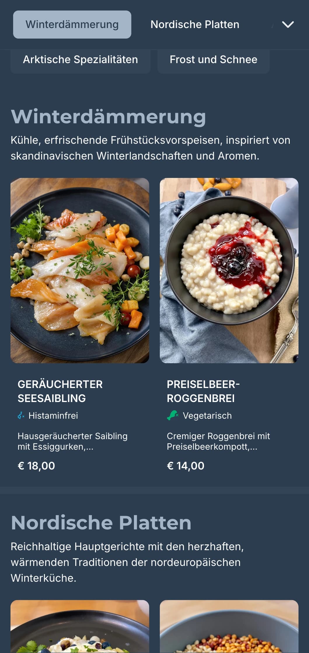 Tiefblaue Vorlage mit kühlen Akzenten, inspiriert von skandinavischer Winterästhetik für moderne Cafés.