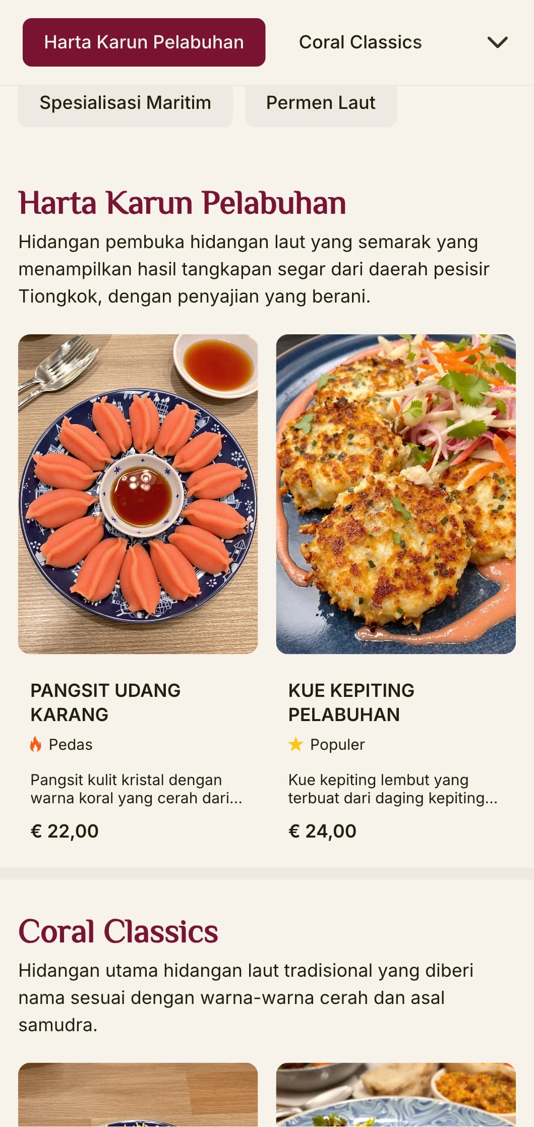 Desain menu khas Tiongkok yang terinspirasi dari estetika karang dan pelabuhan, dengan warna-warna berani untuk restoran hidangan laut.