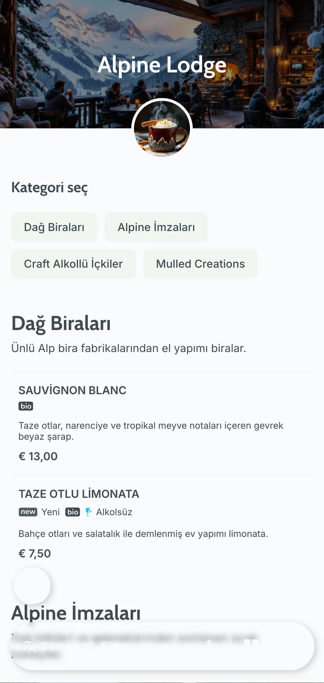 Kayak sonrası barları için dağ inzivalarından ilham alan havalı gri-mavi tasarım.