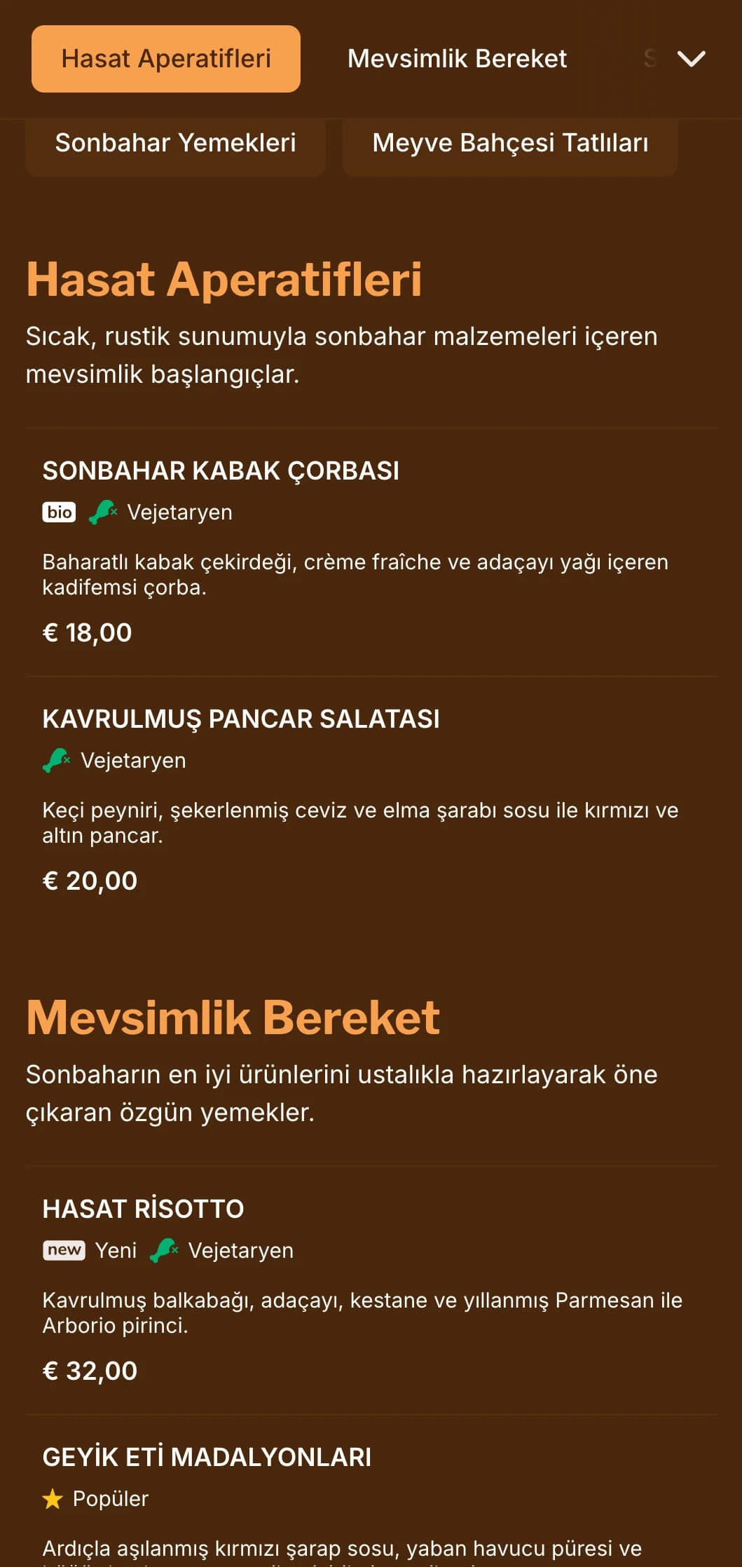 Mevsimsel mutfaklar ve hasat odaklı restoranlar için ideal olan zengin kehribar tonlarına sahip, sonbahardan ilham alan sıcak bir akşam yemeği menüsü.