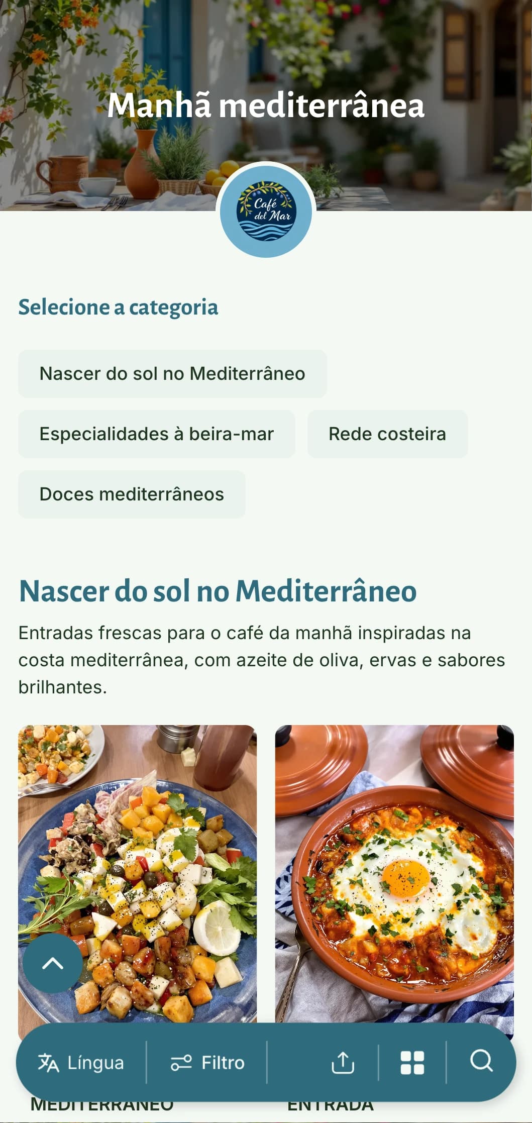 Modelo de brunch claro e arejado com influências mediterrâneas, perfeito para cafés que oferecem pratos saudáveis de café da manhã à base de azeite de oliva.