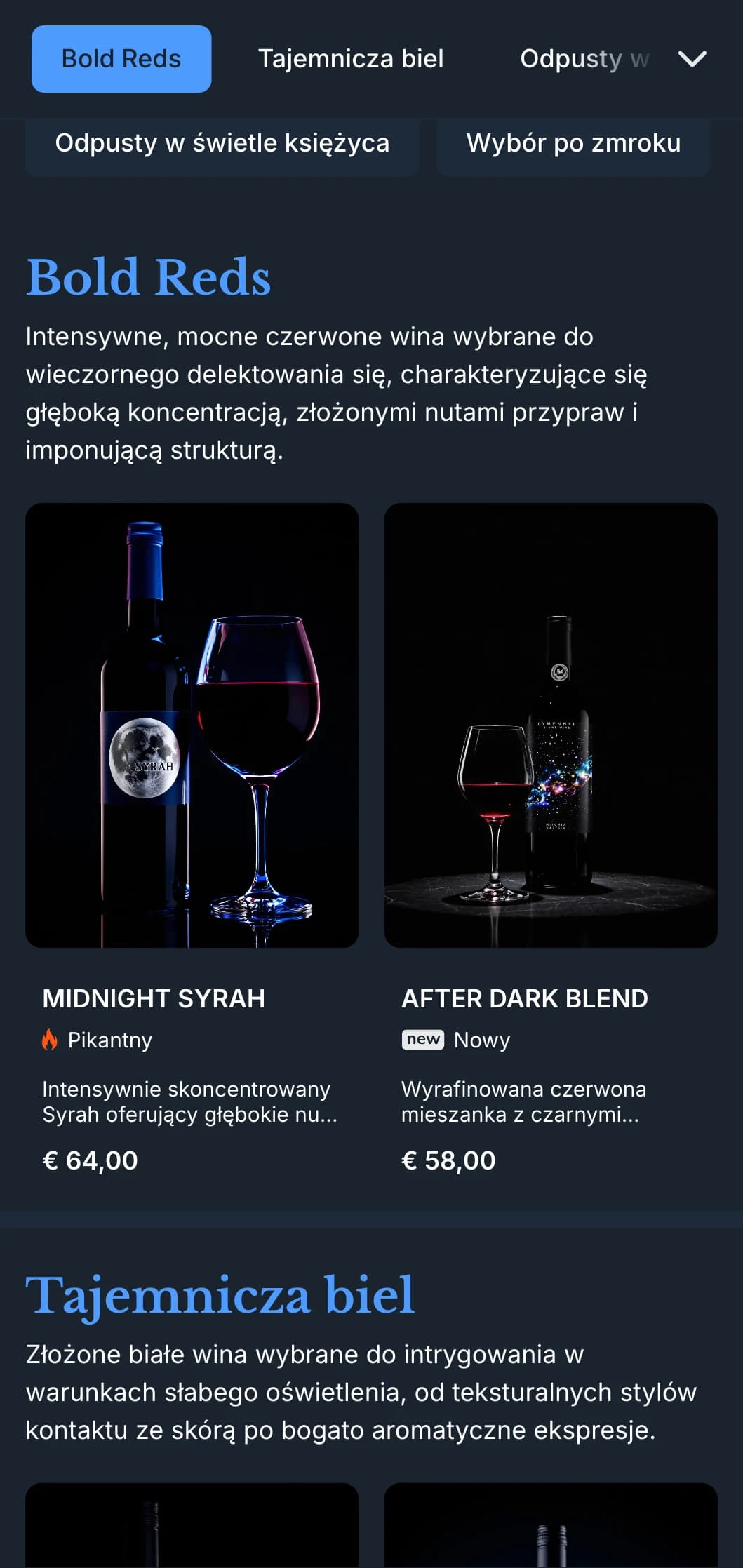 Głęboko nastrojowy szablon karty win z elektrycznymi niebieskimi akcentami na tle północy, idealny do wieczornych lokali i ekskluzywnych doświadczeń z winem.