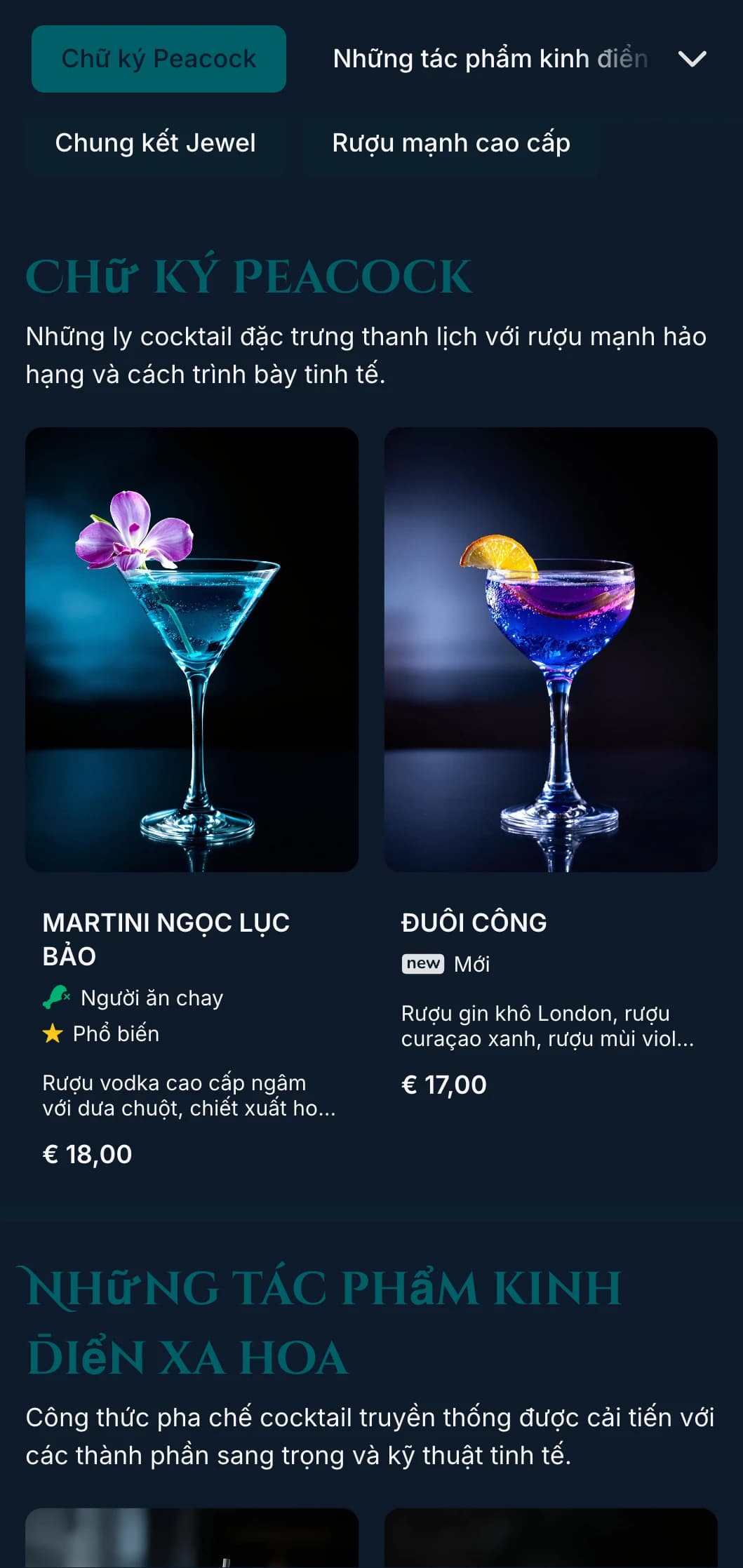 Thiết kế sang trọng, tông màu trang sức dành cho các phòng cocktail cao cấp với điểm nhấn màu xanh lam và ngọc lục bảo cùng kiểu chữ thanh lịch.