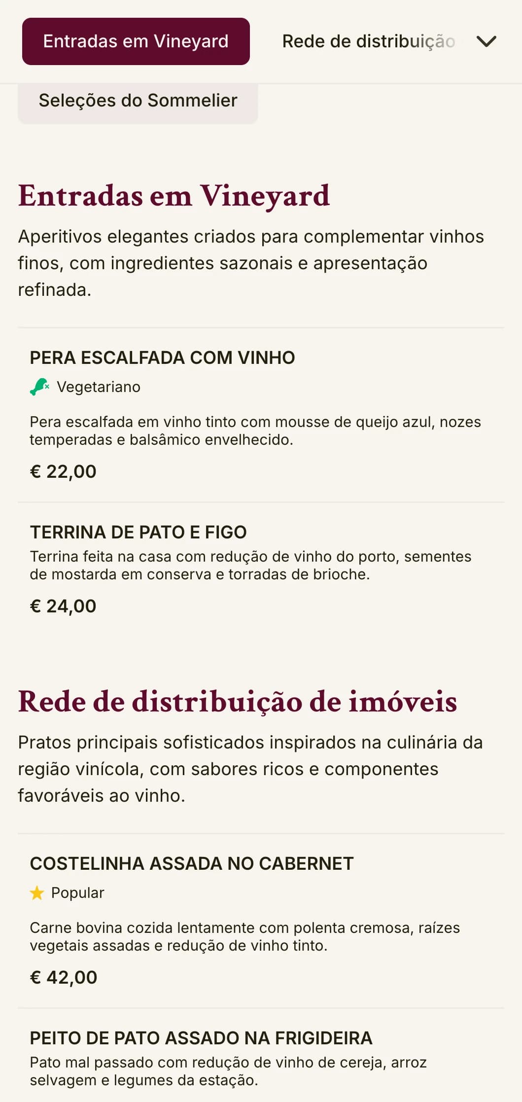 Um menu de jantar sofisticado com cores inspiradas em vinhos e tipografia elegante, projetado para estabelecimentos com extensos programas de vinhos.
